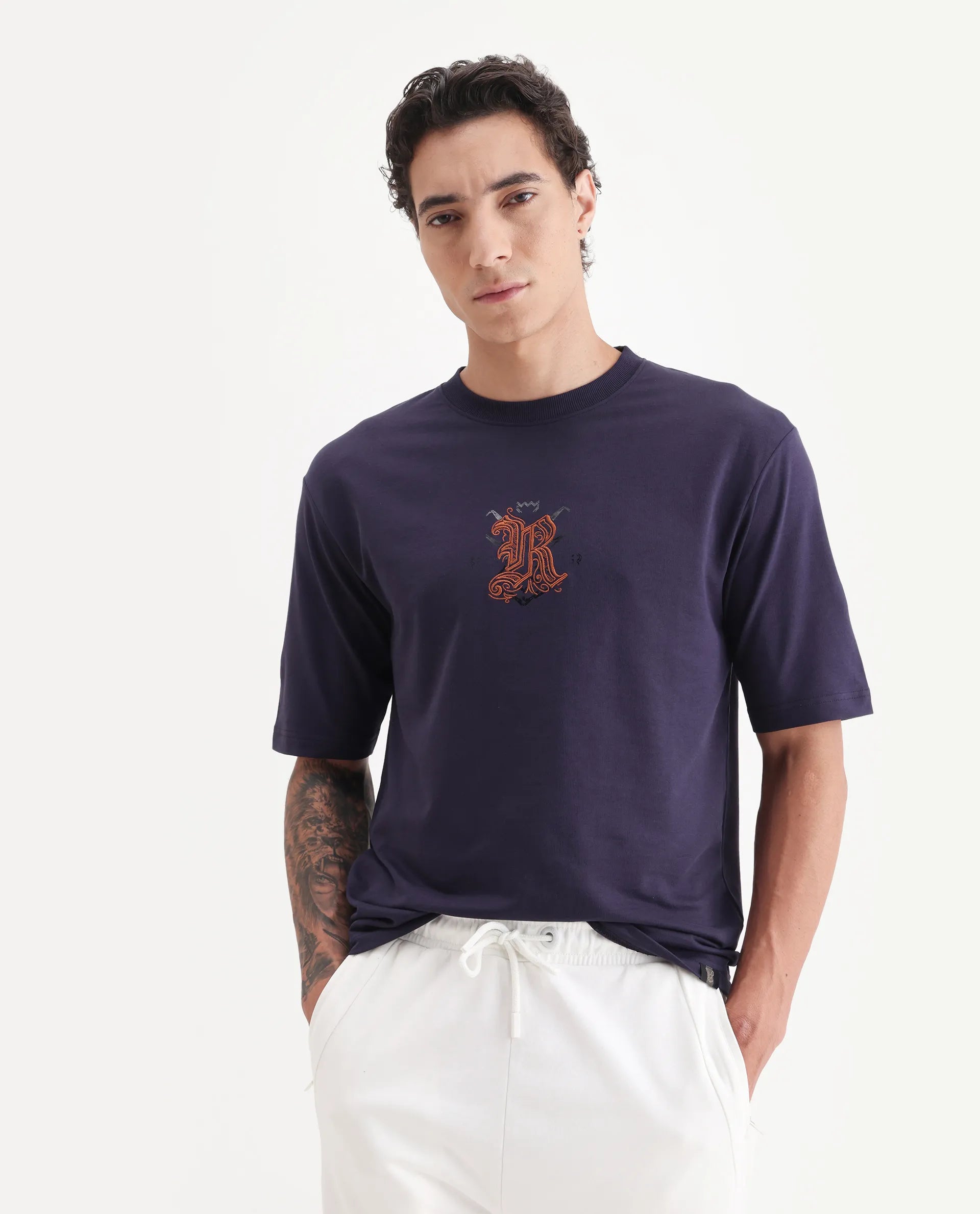 Rare Rabbit Men's Zolar Dark Purple Cotton Graphic Print Relaxed Fit Half Sleeve Crew Neck T-Shirt