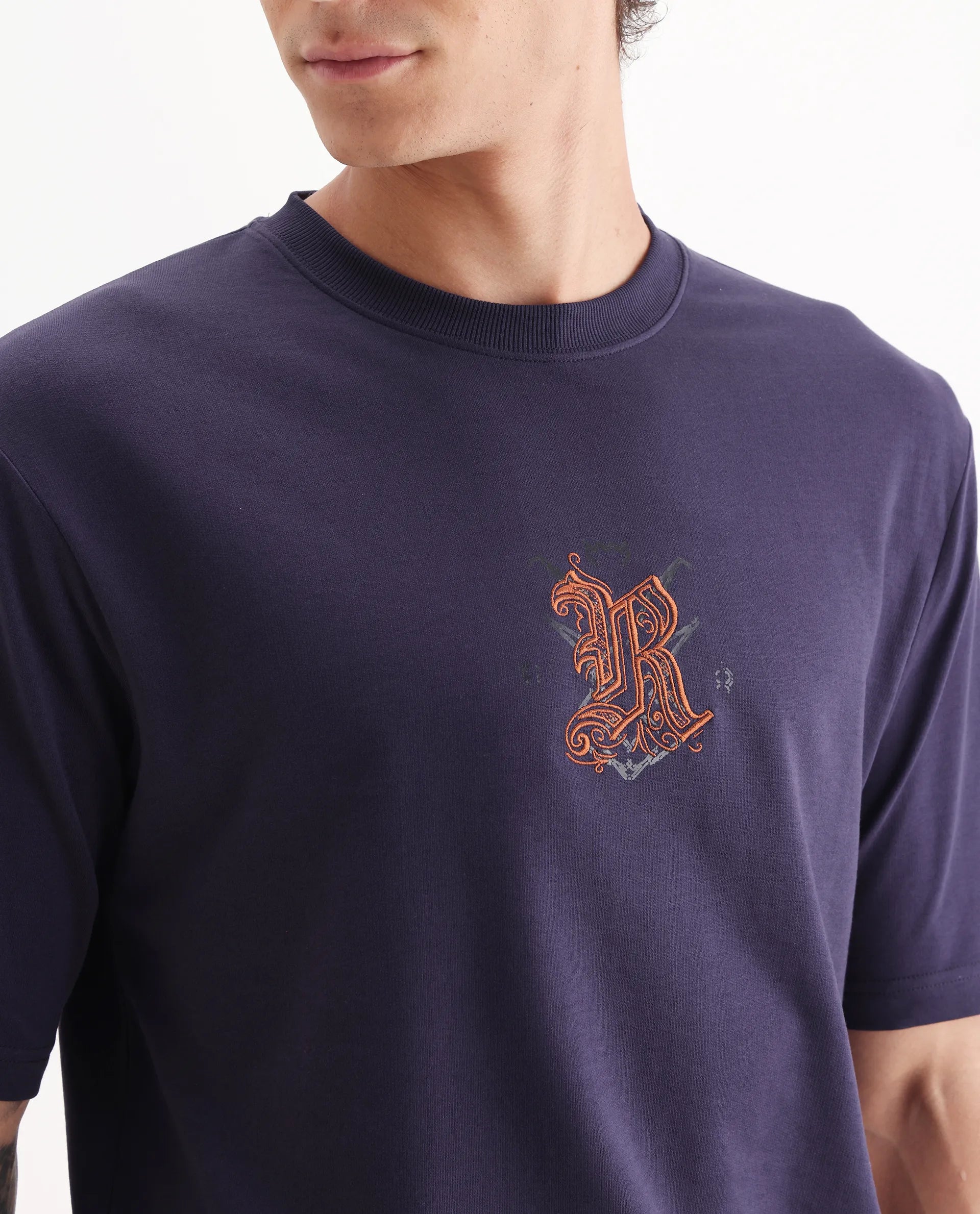 Rare Rabbit Men's Zolar Dark Purple Cotton Graphic Print Relaxed Fit Half Sleeve Crew Neck T-Shirt