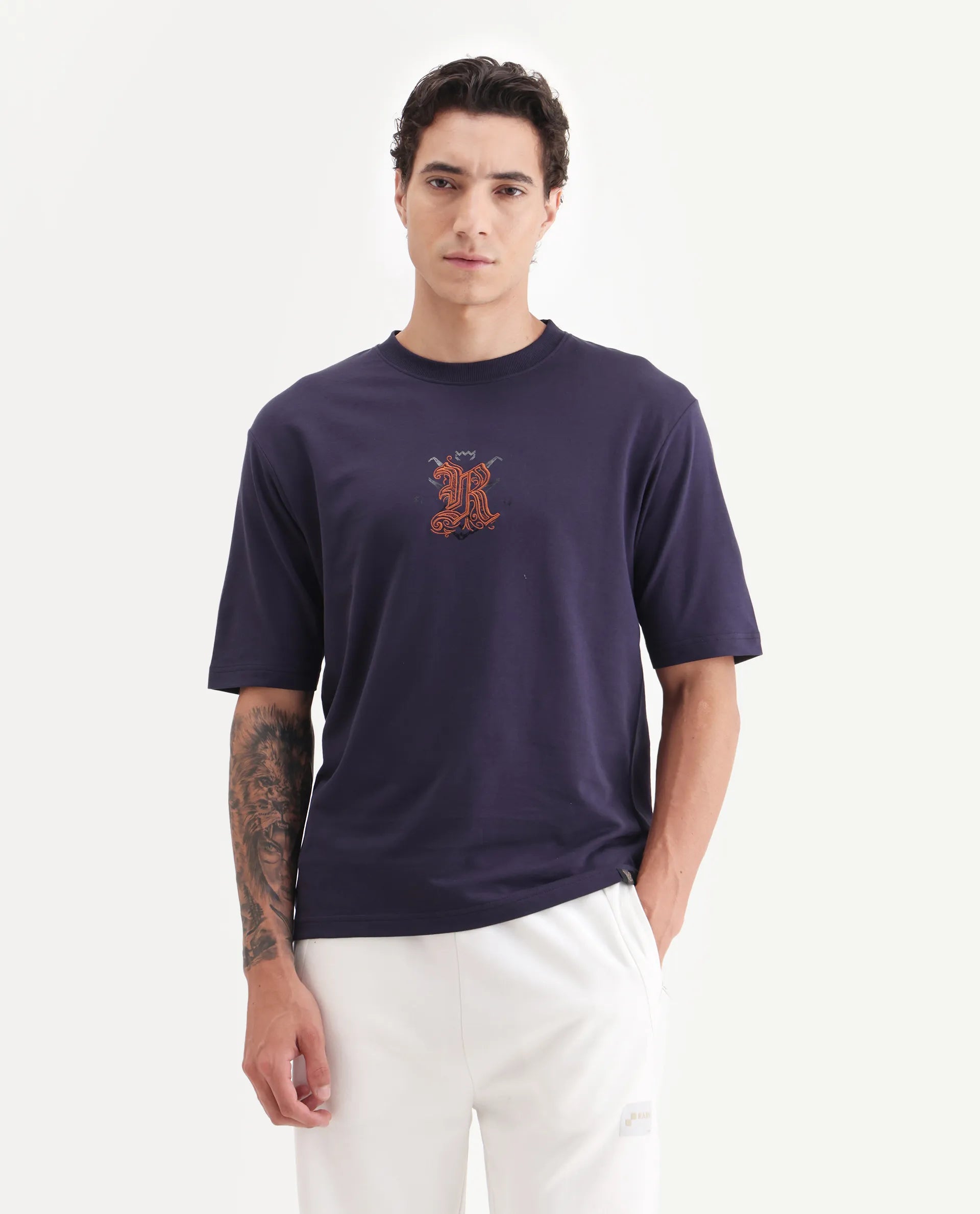 Rare Rabbit Men's Zolar Dark Purple Cotton Graphic Print Relaxed Fit Half Sleeve Crew Neck T-Shirt