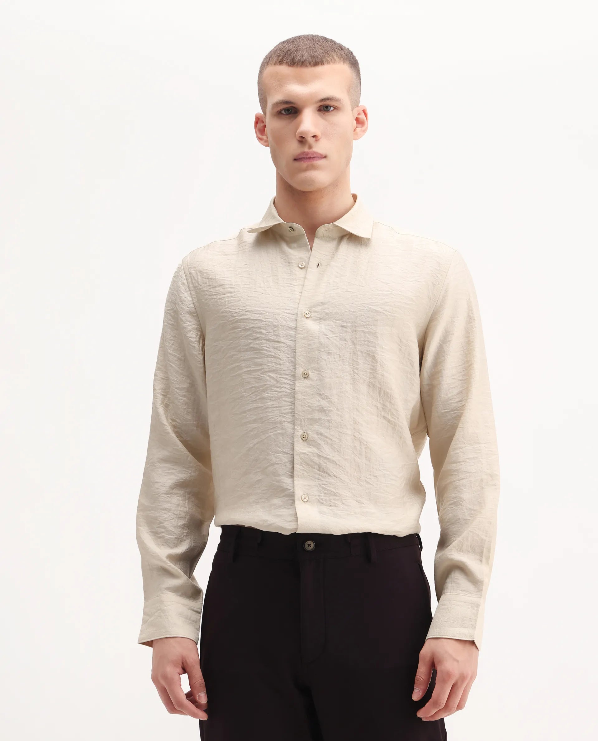 Rare Rabbit Men's Zolot Light Beige Viscose Plain Regular Fit Full Sleeve Collared Shirt