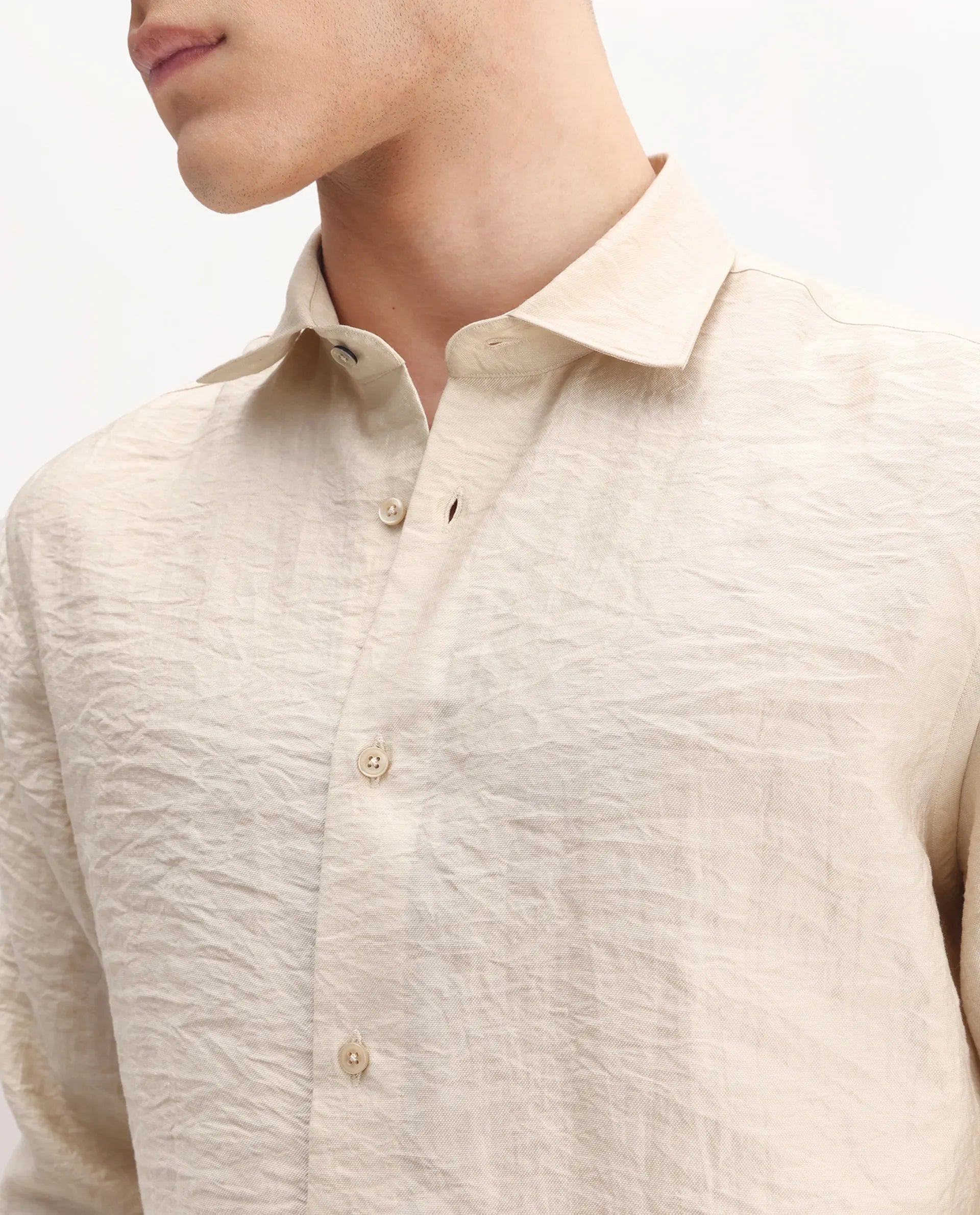 Rare Rabbit Men's Zolot Light Beige Viscose Plain Regular Fit Full Sleeve Collared Shirt