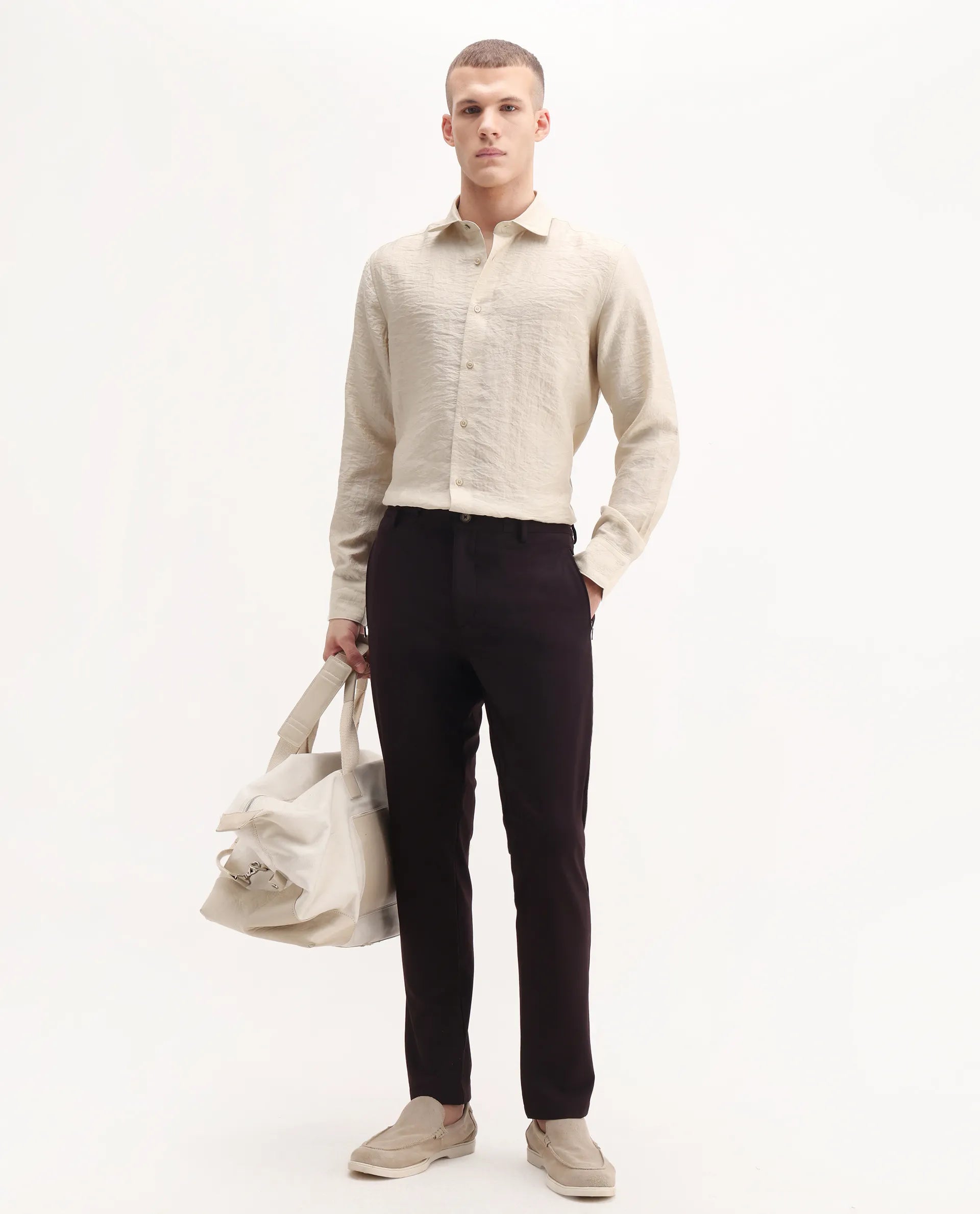 Rare Rabbit Men's Zolot Light Beige Viscose Plain Regular Fit Full Sleeve Collared Shirt