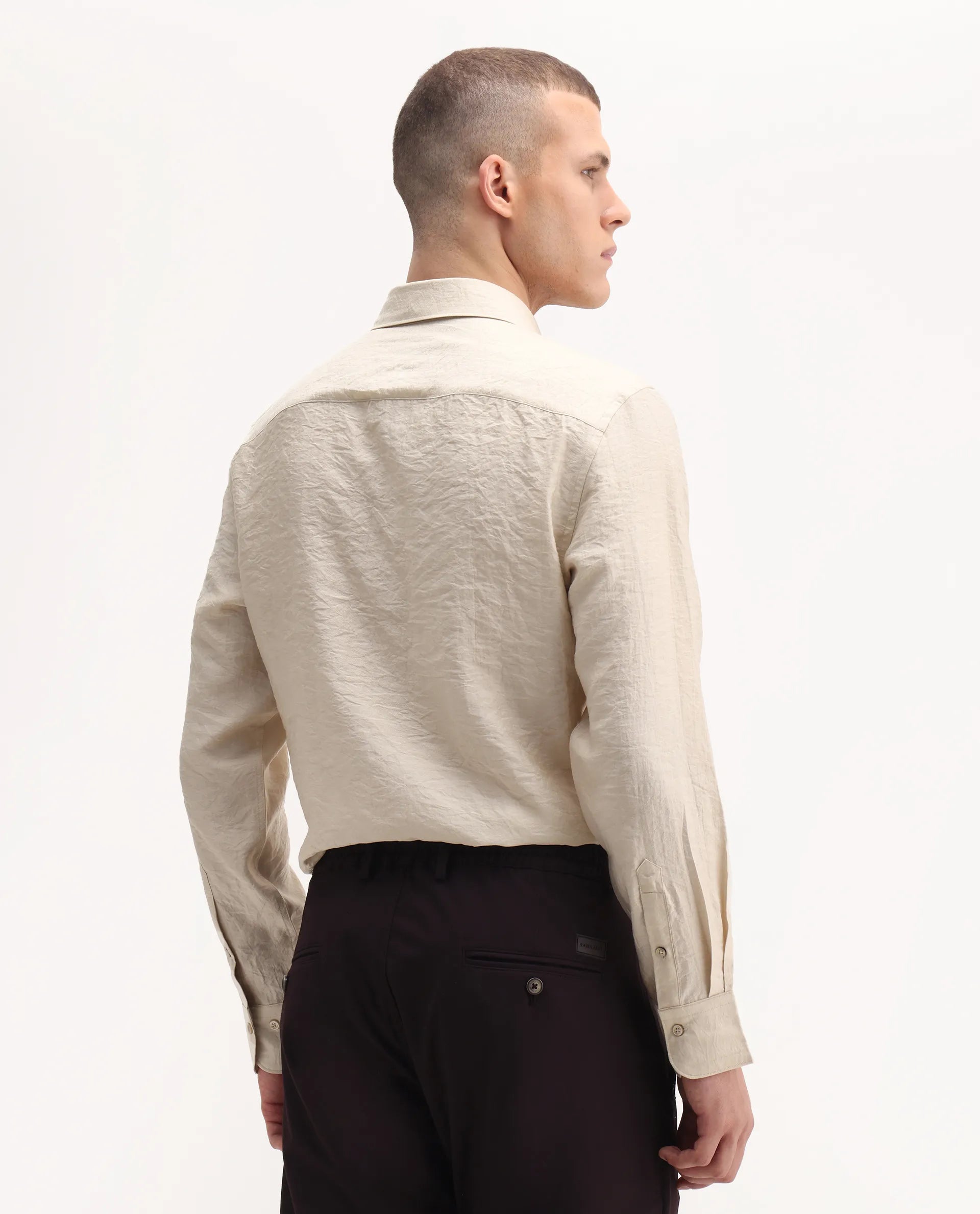 Rare Rabbit Men's Zolot Light Beige Viscose Plain Regular Fit Full Sleeve Collared Shirt