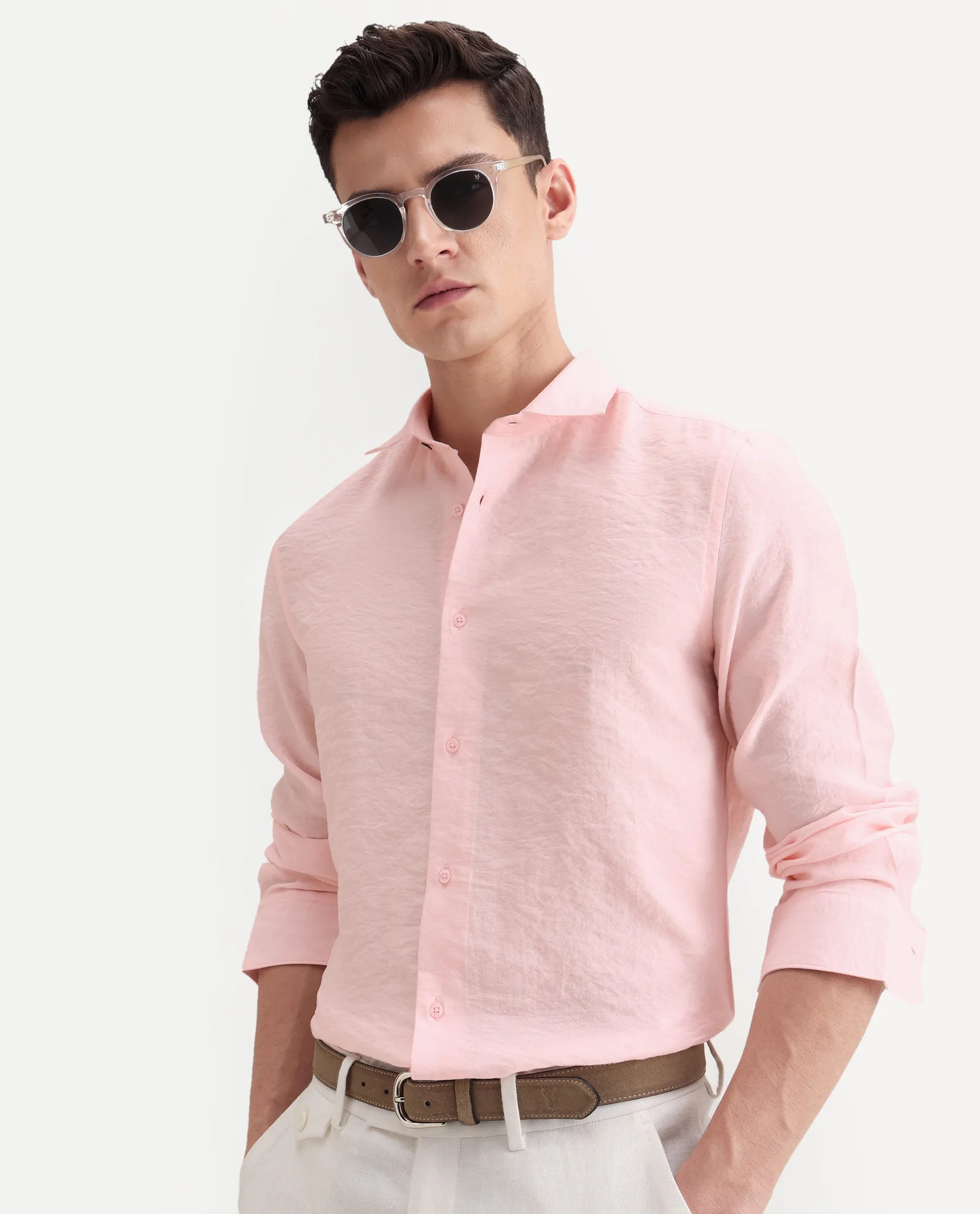 Rare Rabbit Men's Zolot Light Pink Viscose Plain Regular Fit Full Sleeve Collared Shirt