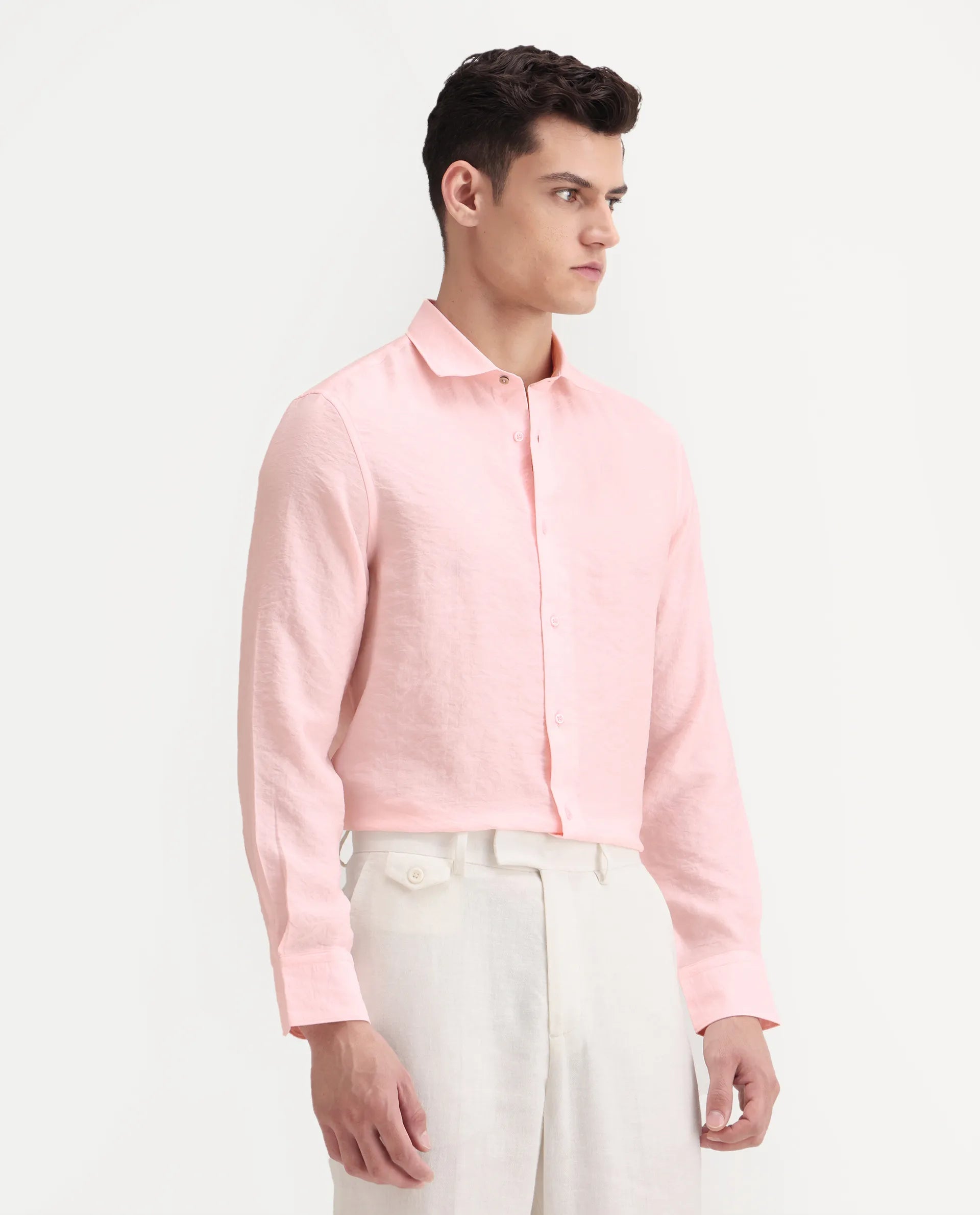 Rare Rabbit Men's Zolot Light Pink Viscose Plain Regular Fit Full Sleeve Collared Shirt