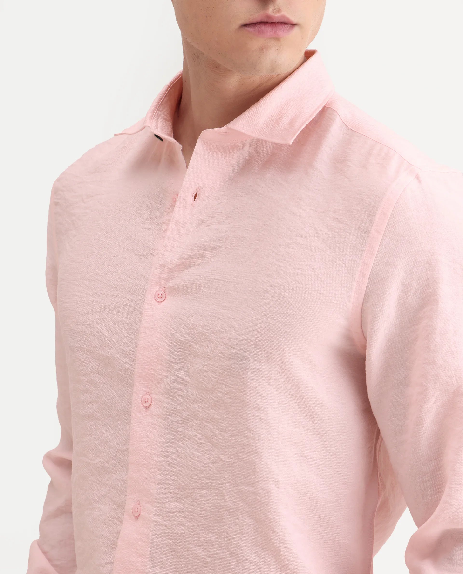 Rare Rabbit Men's Zolot Light Pink Viscose Plain Regular Fit Full Sleeve Collared Shirt