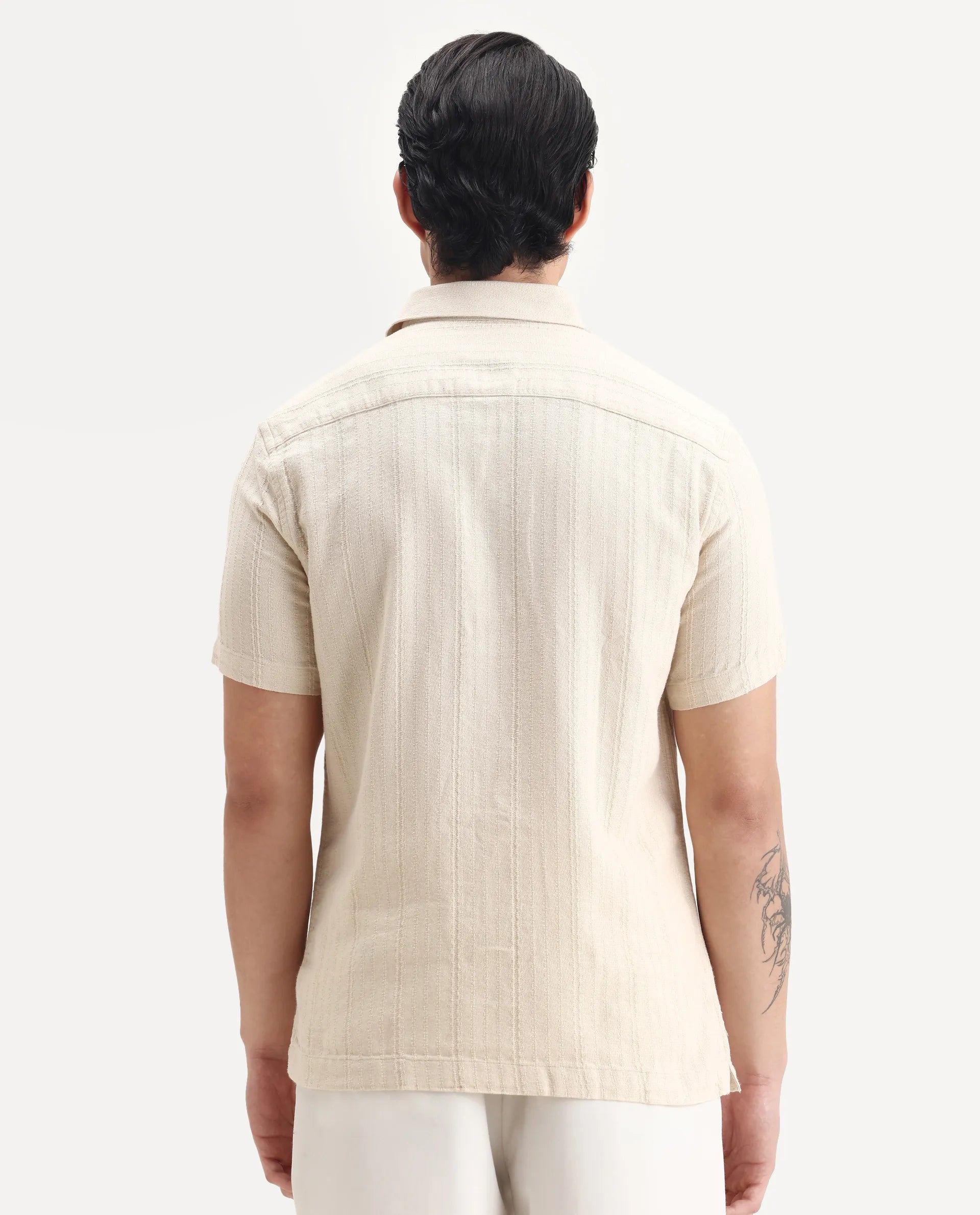 Rare Rabbit Men's Zolt Beige Cotton Fabric Short Sleeve Collared Neck Button Closure Striped Shirt