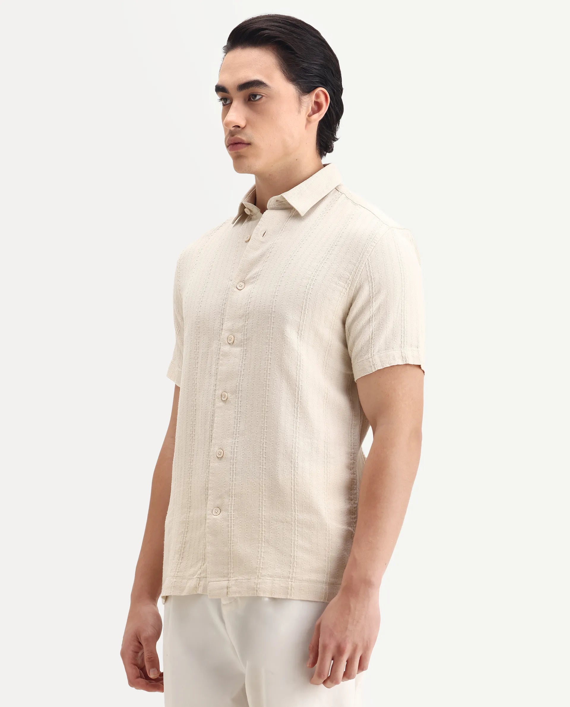 Rare Rabbit Men's Zolt Beige Cotton Fabric Short Sleeve Collared Neck Button Closure Striped Shirt