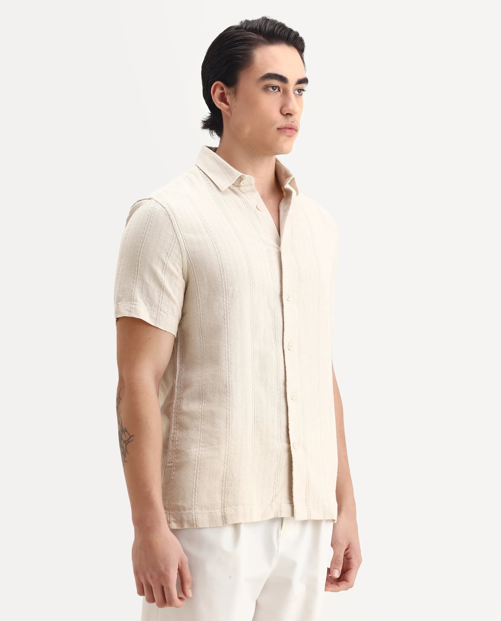 Rare Rabbit Men's Zolt Beige Cotton Fabric Short Sleeve Collared Neck Button Closure Striped Shirt