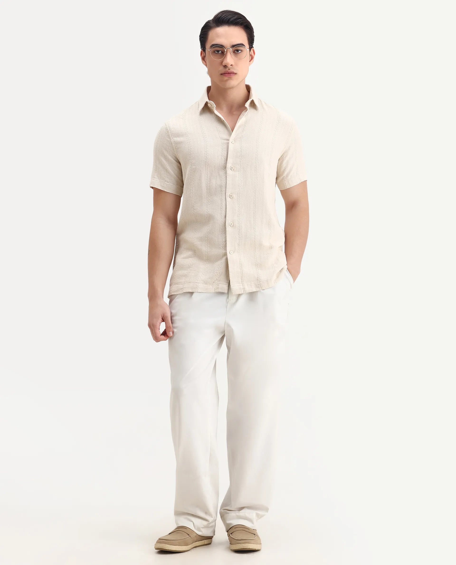 Rare Rabbit Men's Zolt Beige Cotton Fabric Short Sleeve Collared Neck Button Closure Striped Shirt