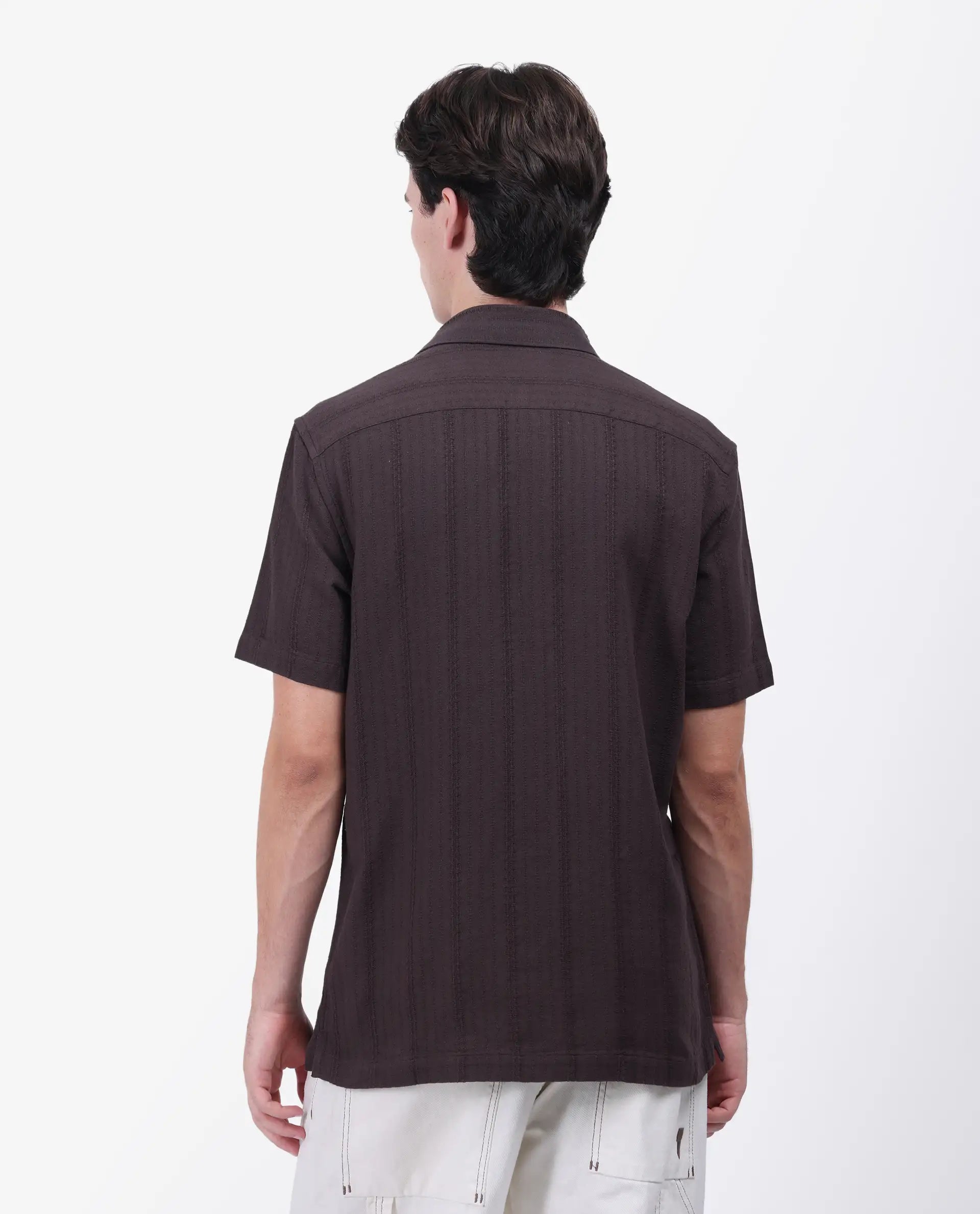 Rare Rabbit Men's Zolt Brown Cotton Striped Print Regular Fit Half Sleeve Collared Shirt