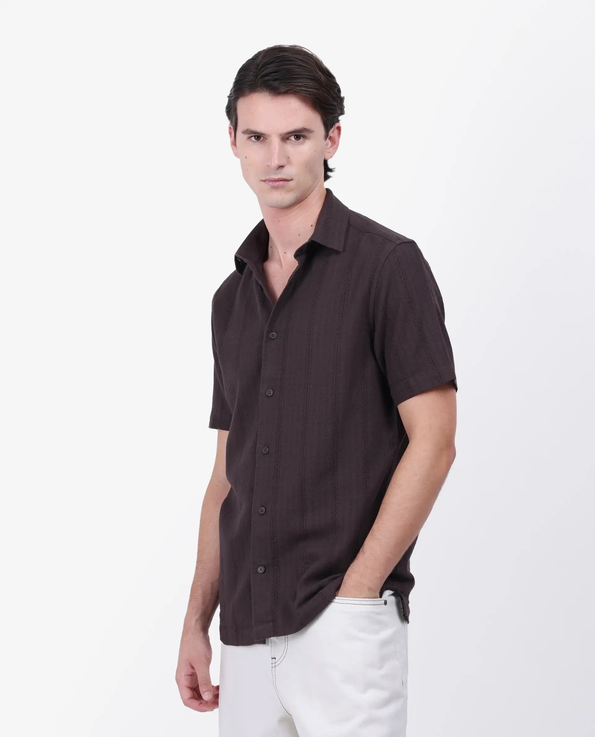 Rare Rabbit Men's Zolt Brown Cotton Striped Print Regular Fit Half Sleeve Collared Shirt