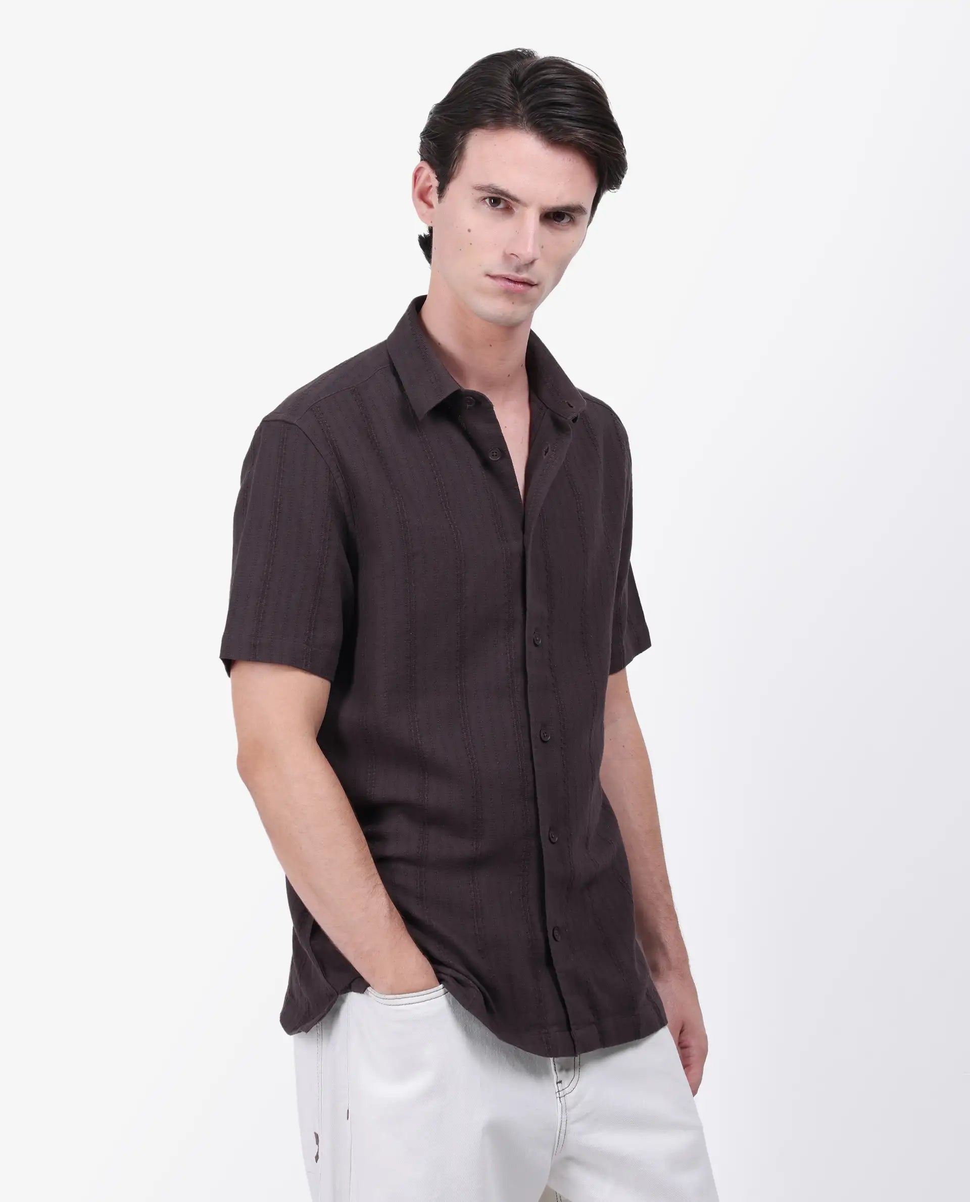 Rare Rabbit Men's Zolt Brown Cotton Striped Print Regular Fit Half Sleeve Collared Shirt