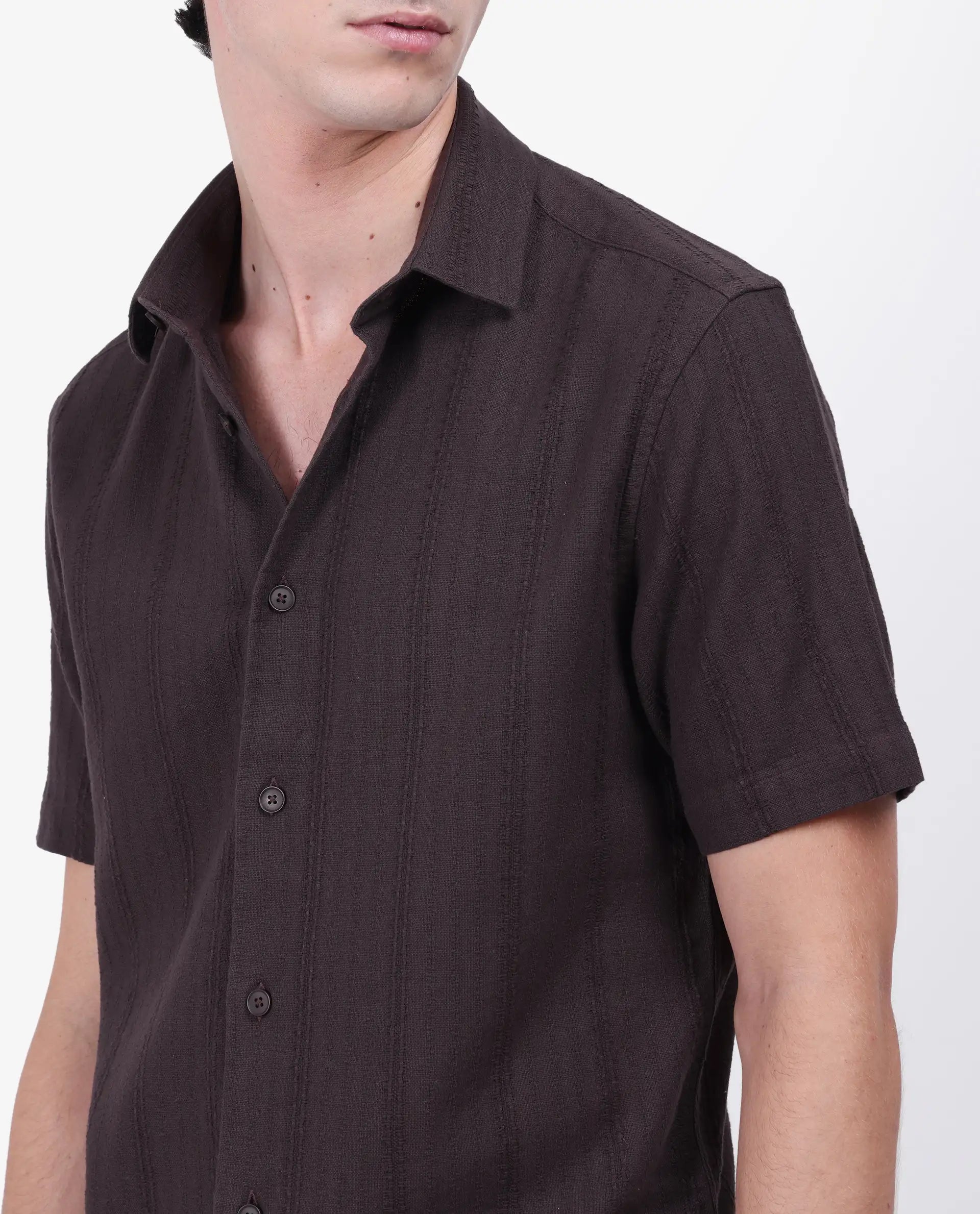 Rare Rabbit Men's Zolt Brown Cotton Striped Print Regular Fit Half Sleeve Collared Shirt