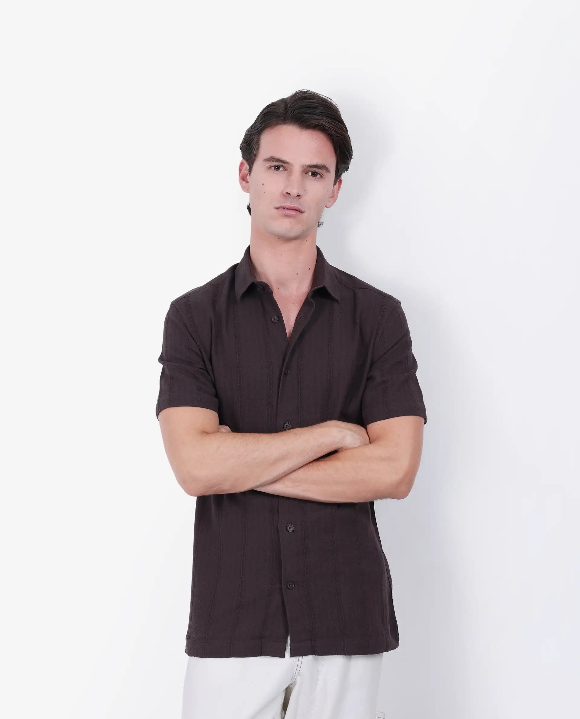 Rare Rabbit Men's Zolt Brown Cotton Striped Print Regular Fit Half Sleeve Collared Shirt