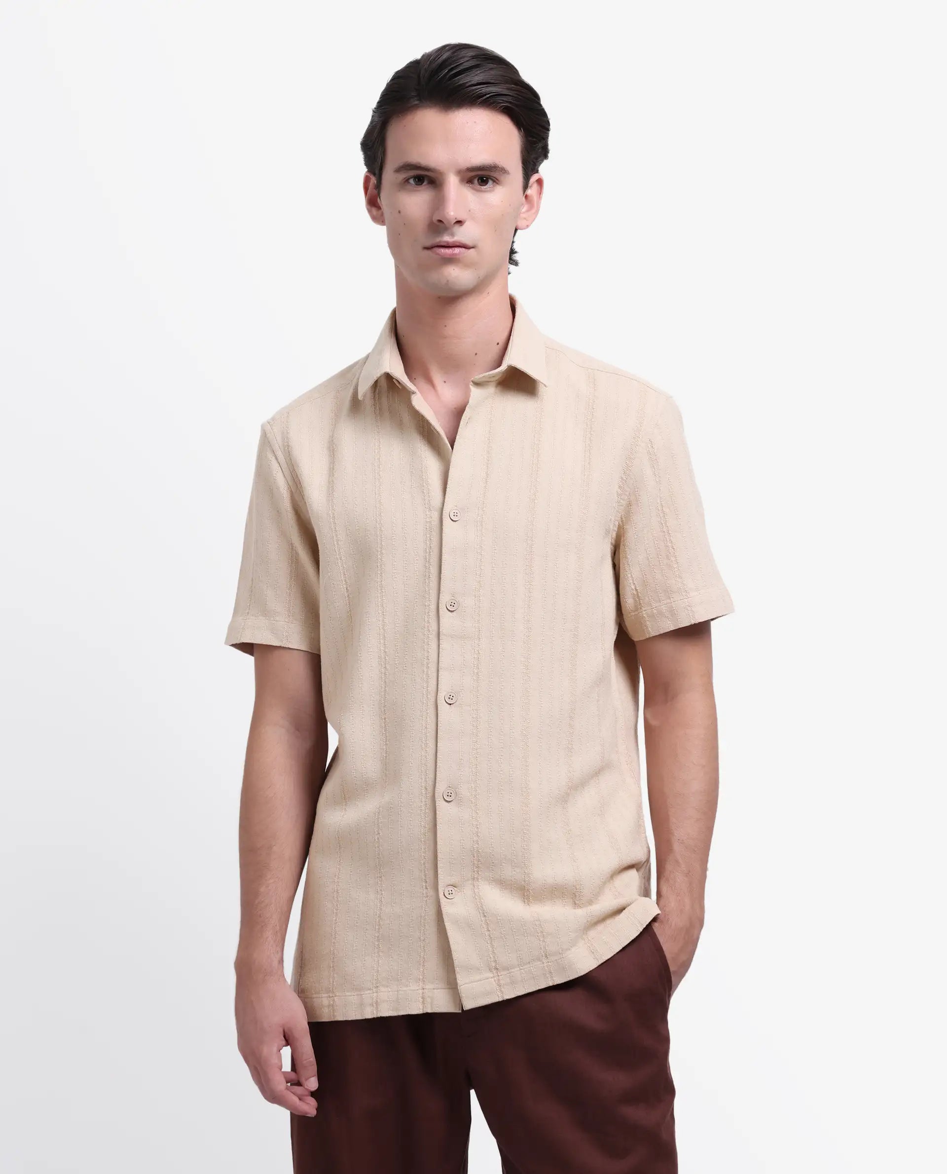 Rare Rabbit Men's Zolt Khaki Cotton Striped Print Regular Fit Half Sleeve Collared Shirt