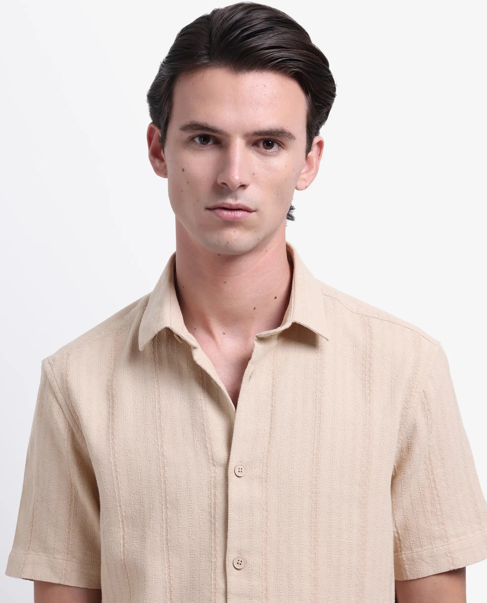 Rare Rabbit Men's Zolt Khaki Cotton Striped Print Regular Fit Half Sleeve Collared Shirt