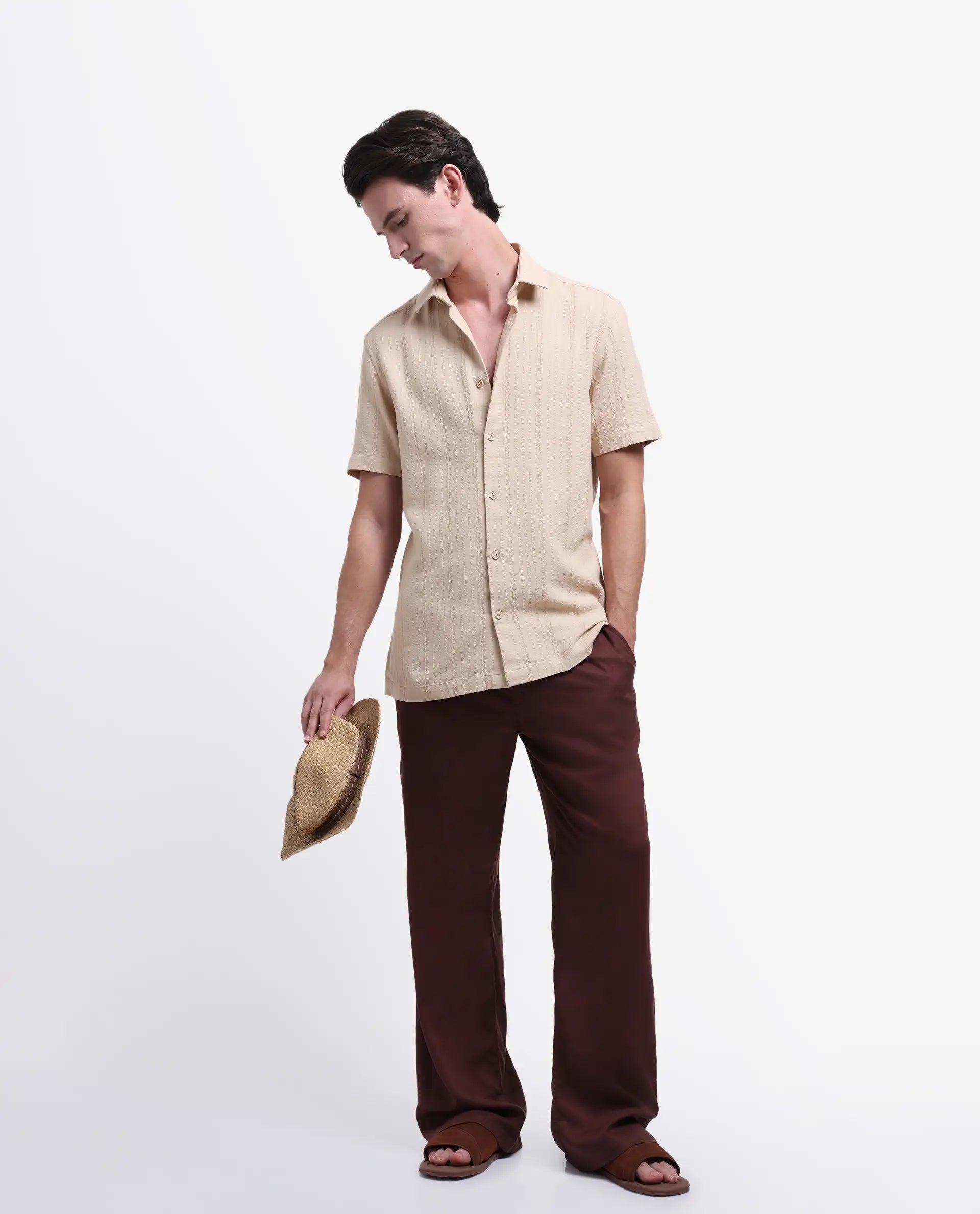 Rare Rabbit Men's Zolt Khaki Cotton Striped Print Regular Fit Half Sleeve Collared Shirt