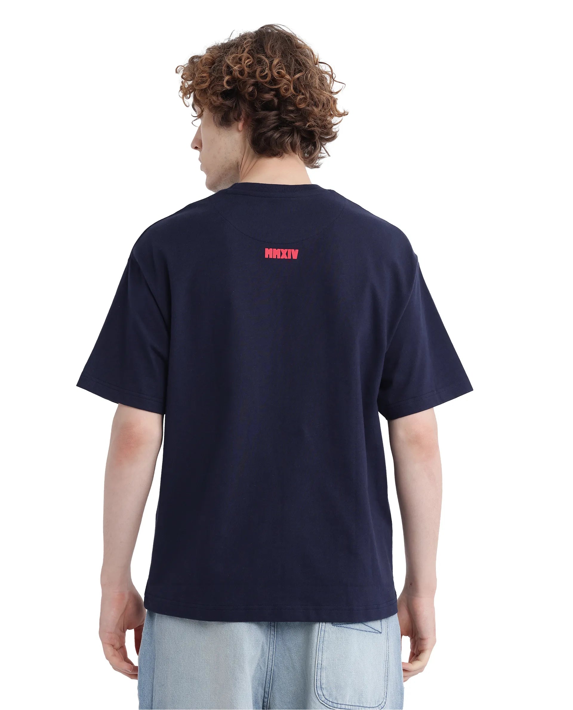 Rare Rabbit Men Zolt Navy Cotton Fabric Short Sleeve Boxy Fit Typography Print T-Shirt