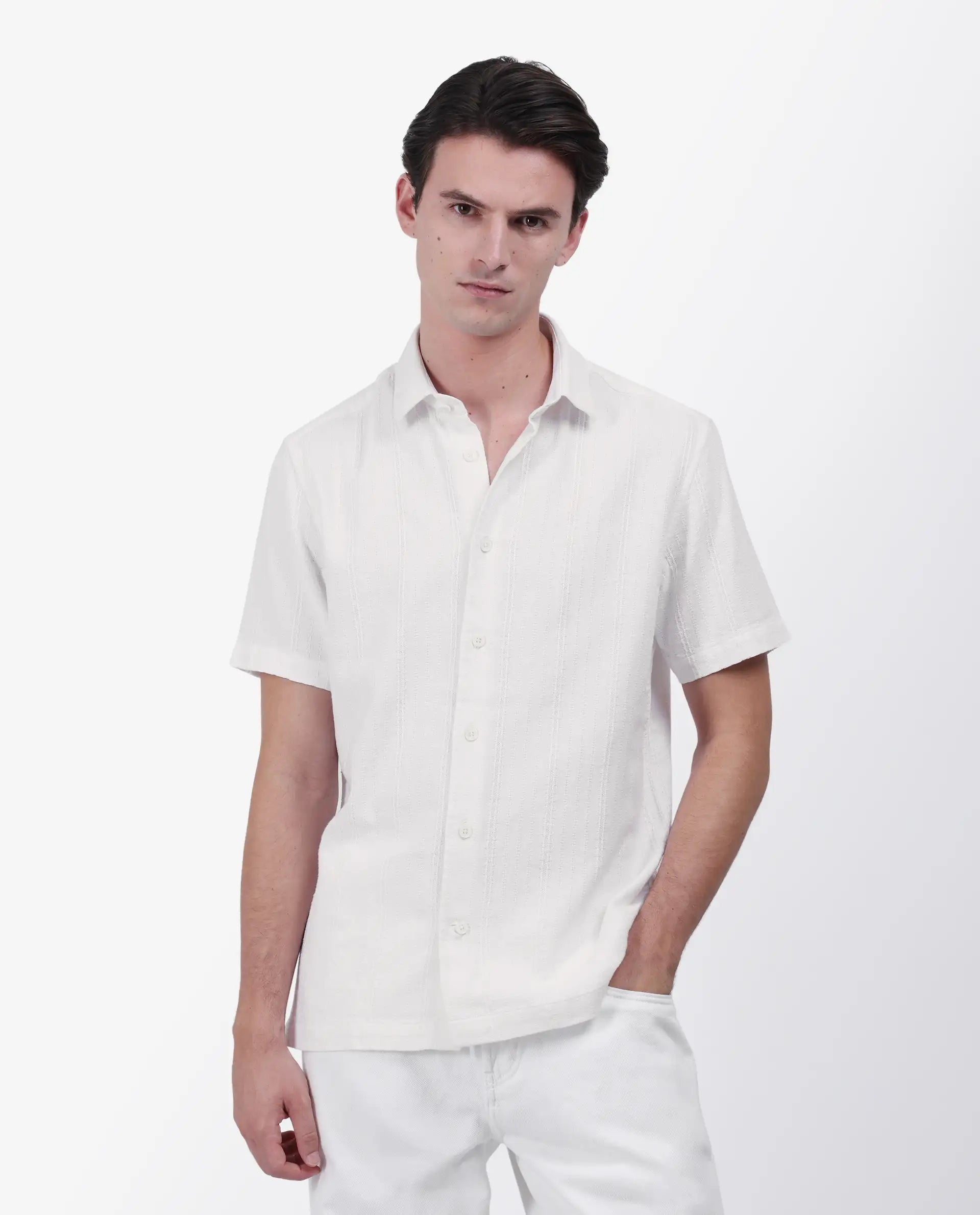 Rare Rabbit Men's Zolt White Cotton Striped Print Regular Fit Half Sleeve Collared Shirt