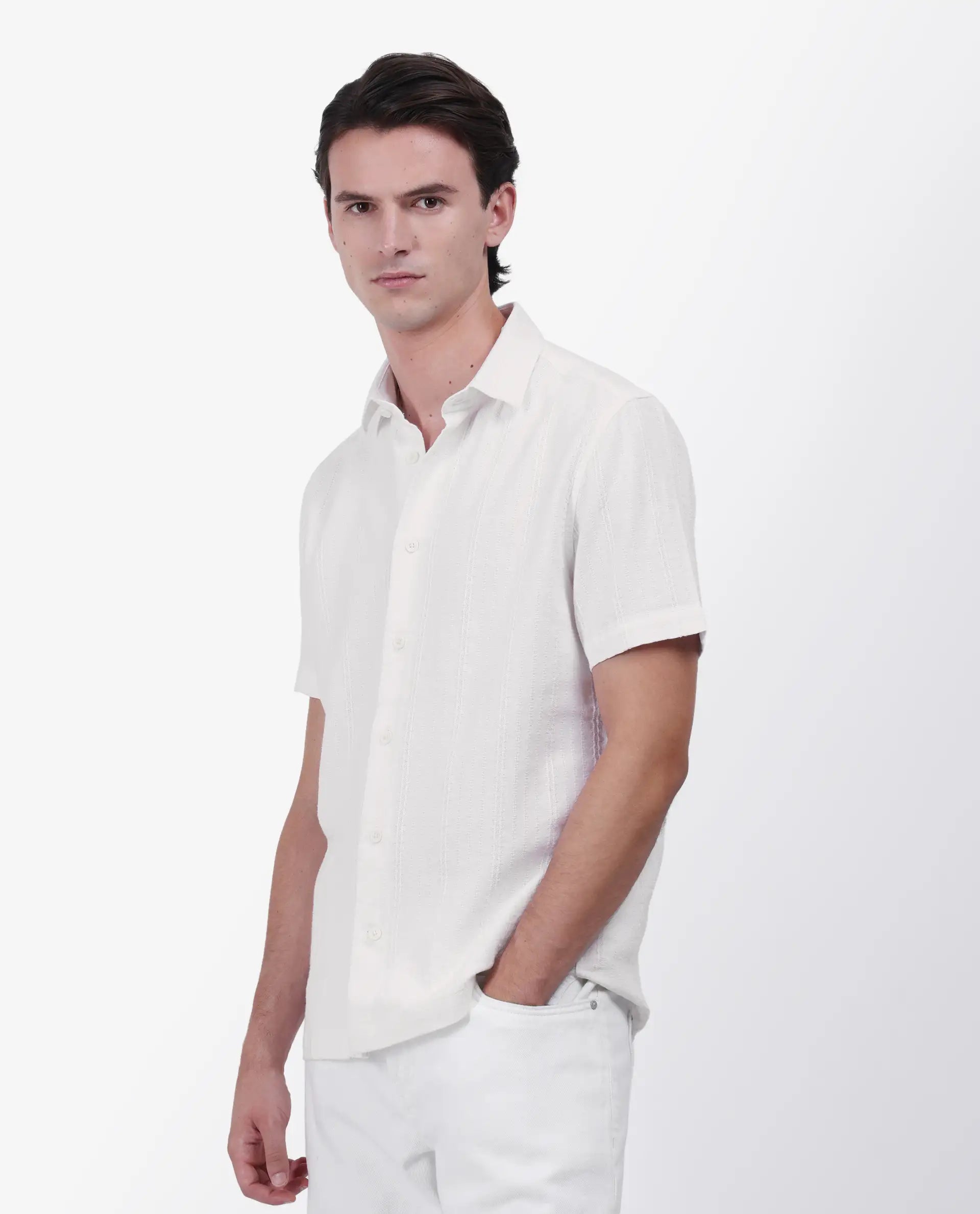 Rare Rabbit Men's Zolt White Cotton Striped Print Regular Fit Half Sleeve Collared Shirt