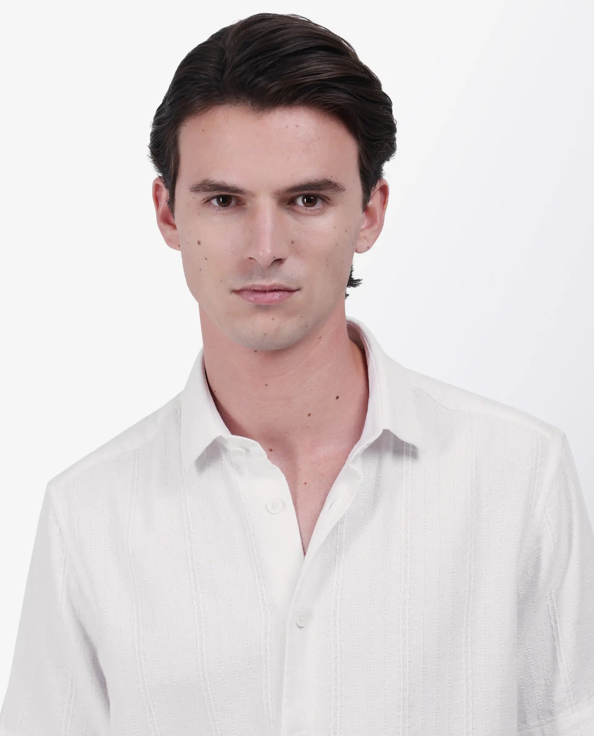 Rare Rabbit Men's Zolt White Cotton Striped Print Regular Fit Half Sleeve Collared Shirt