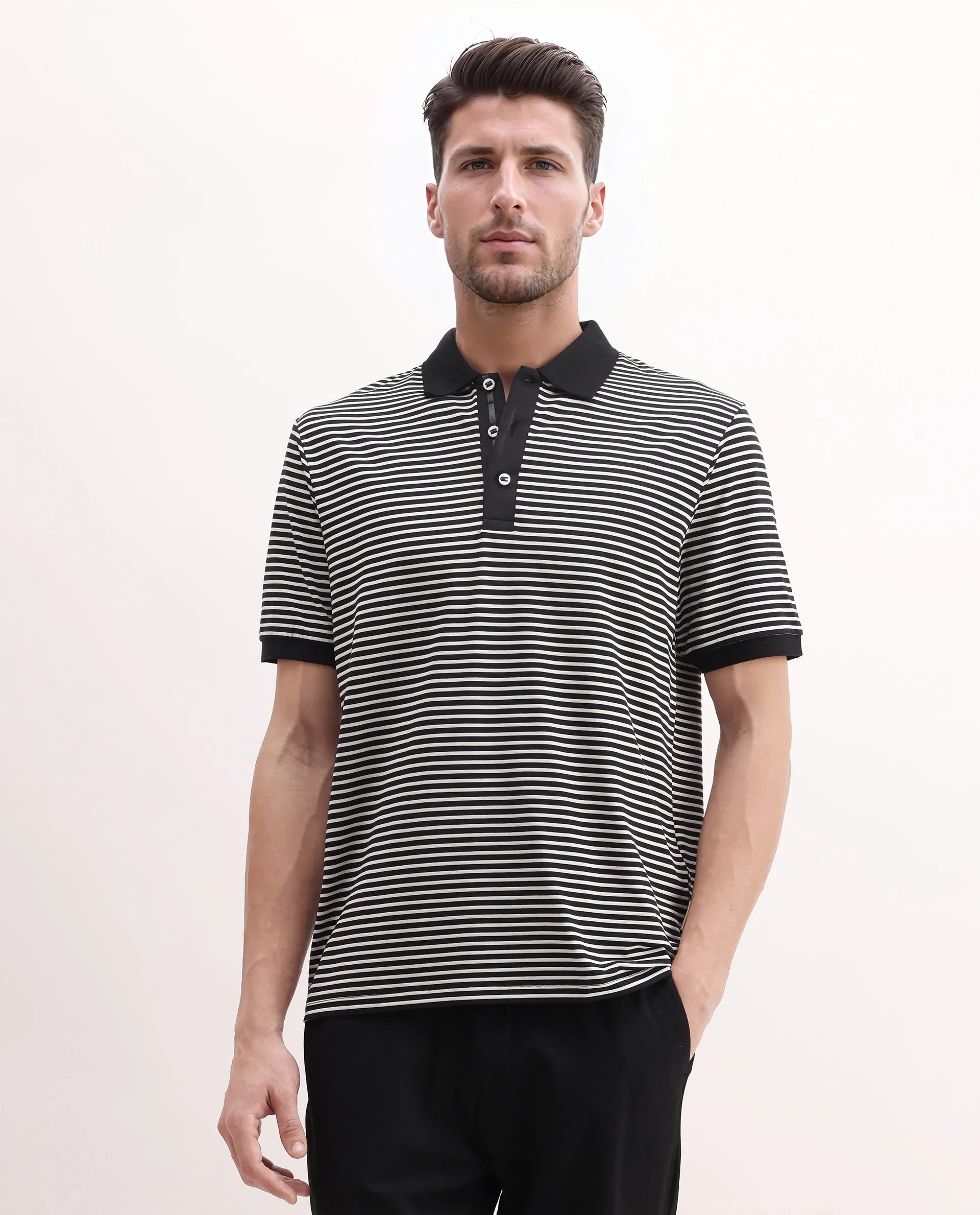 Rare Rabbit Men's Zop Navy Cotton Blend Striped Print Regular Fit Half Sleeve Polo