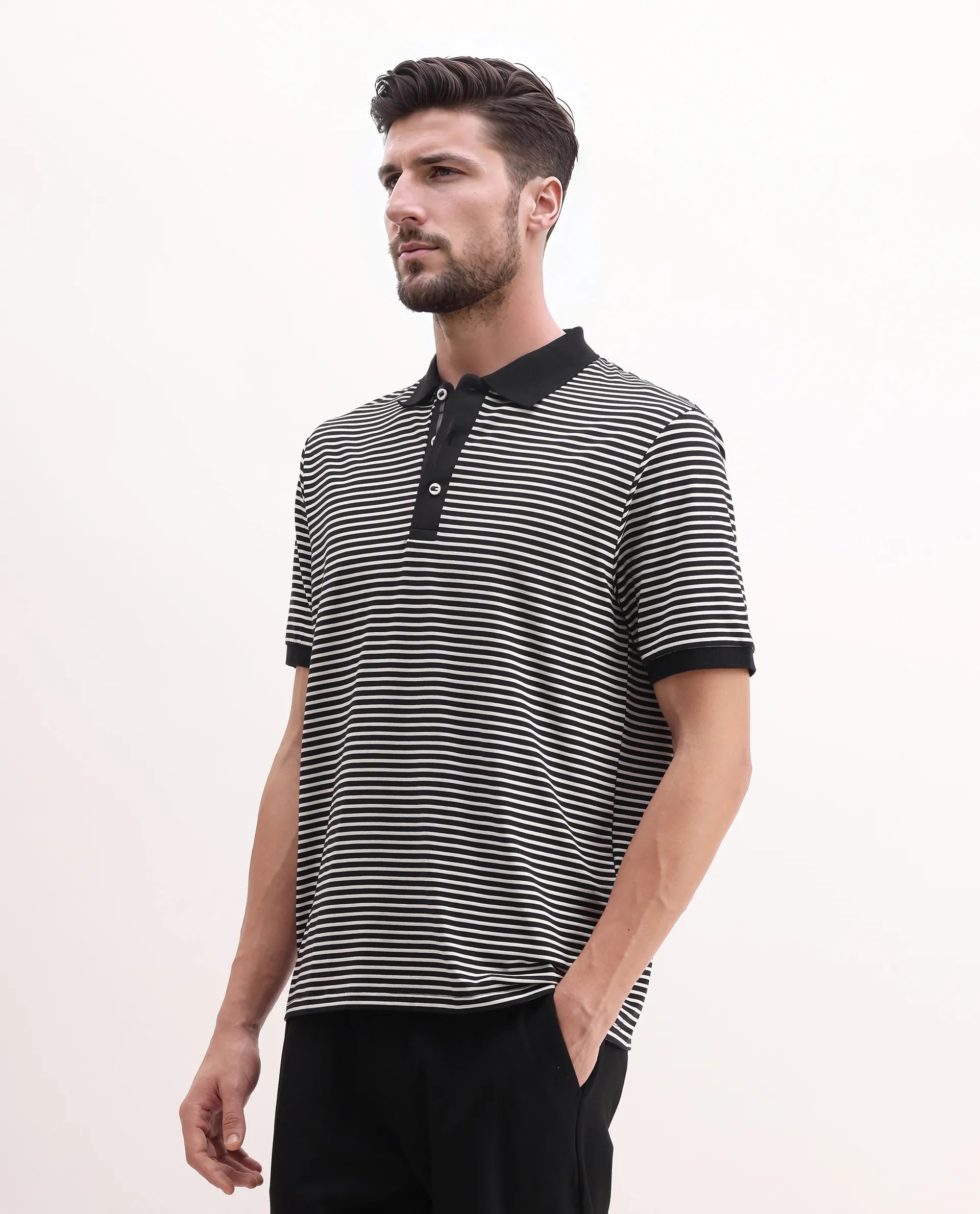 Rare Rabbit Men's Zop Navy Cotton Blend Striped Print Regular Fit Half Sleeve Polo