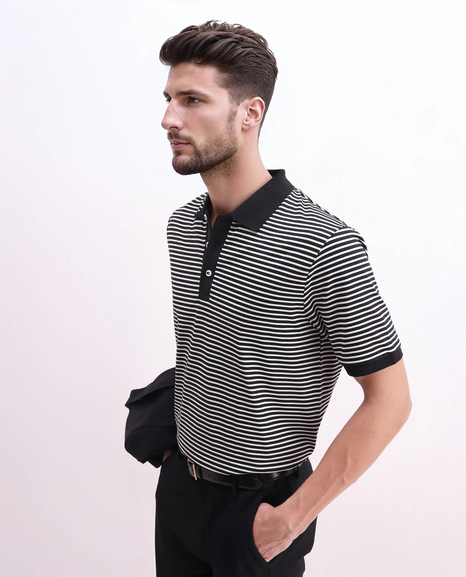 Rare Rabbit Men's Zop Navy Cotton Blend Striped Print Regular Fit Half Sleeve Polo