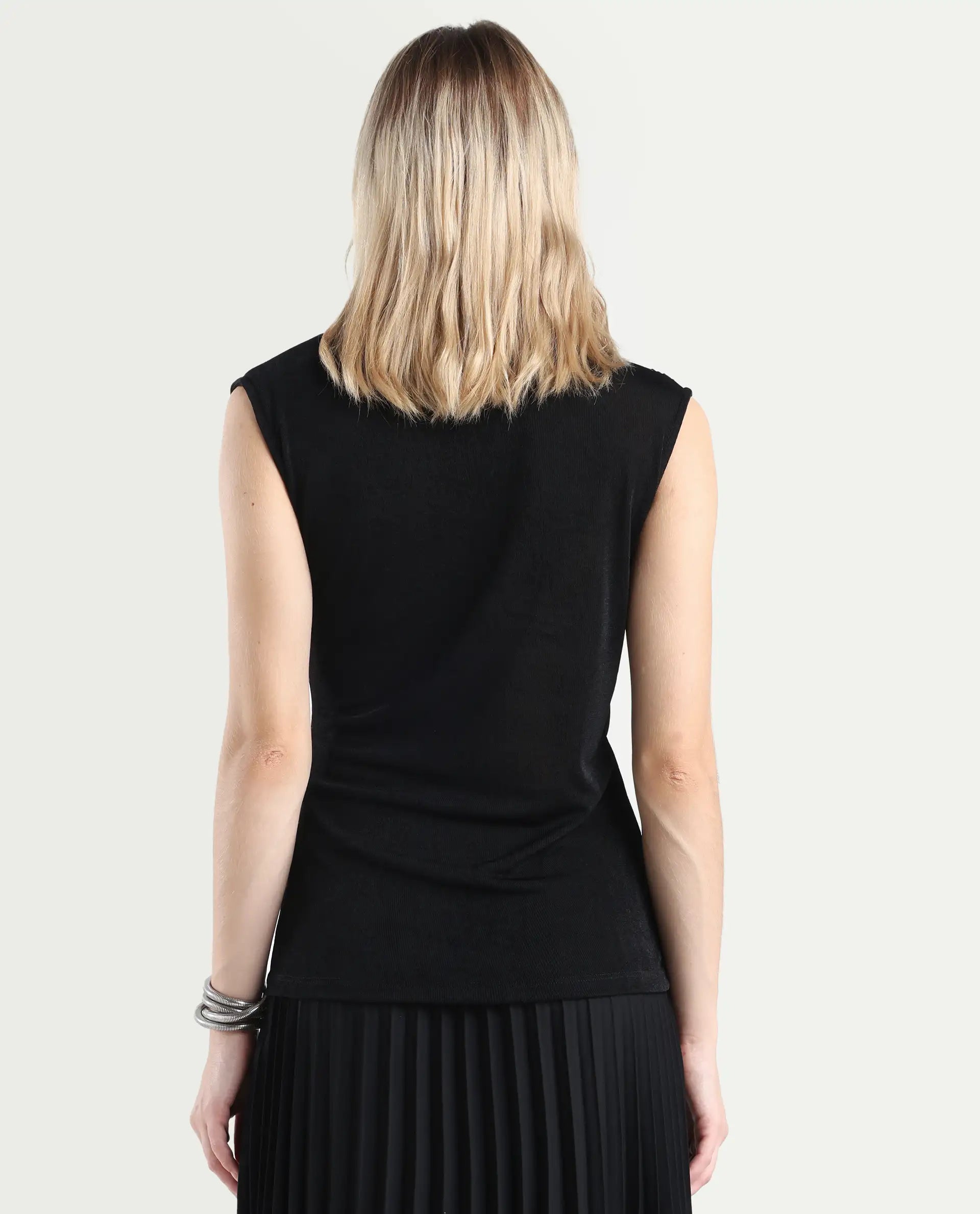 Rareism Women's Zoptus Black Polyester Blend High Neck Regular Fit Plain Top