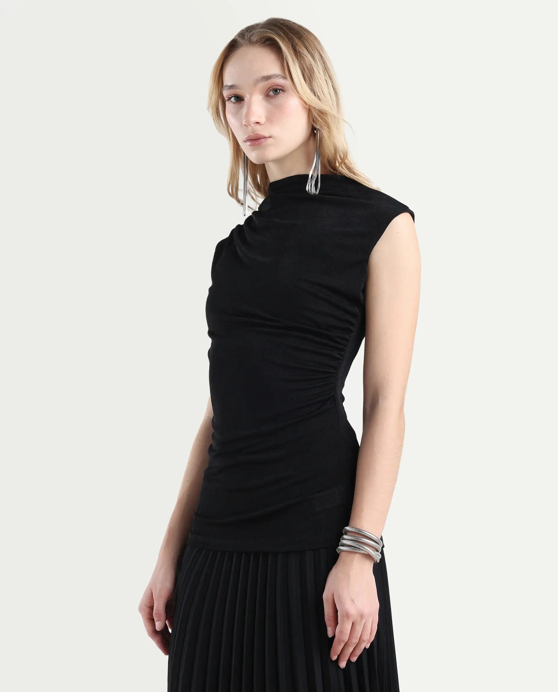 Rareism Women's Zoptus Black Polyester Blend High Neck Regular Fit Plain Top