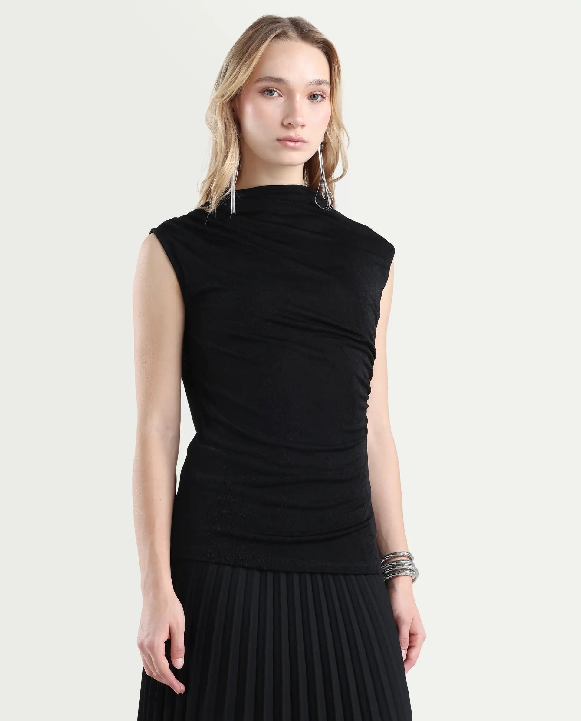 Rareism Women's Zoptus Black Polyester Blend High Neck Regular Fit Plain Top