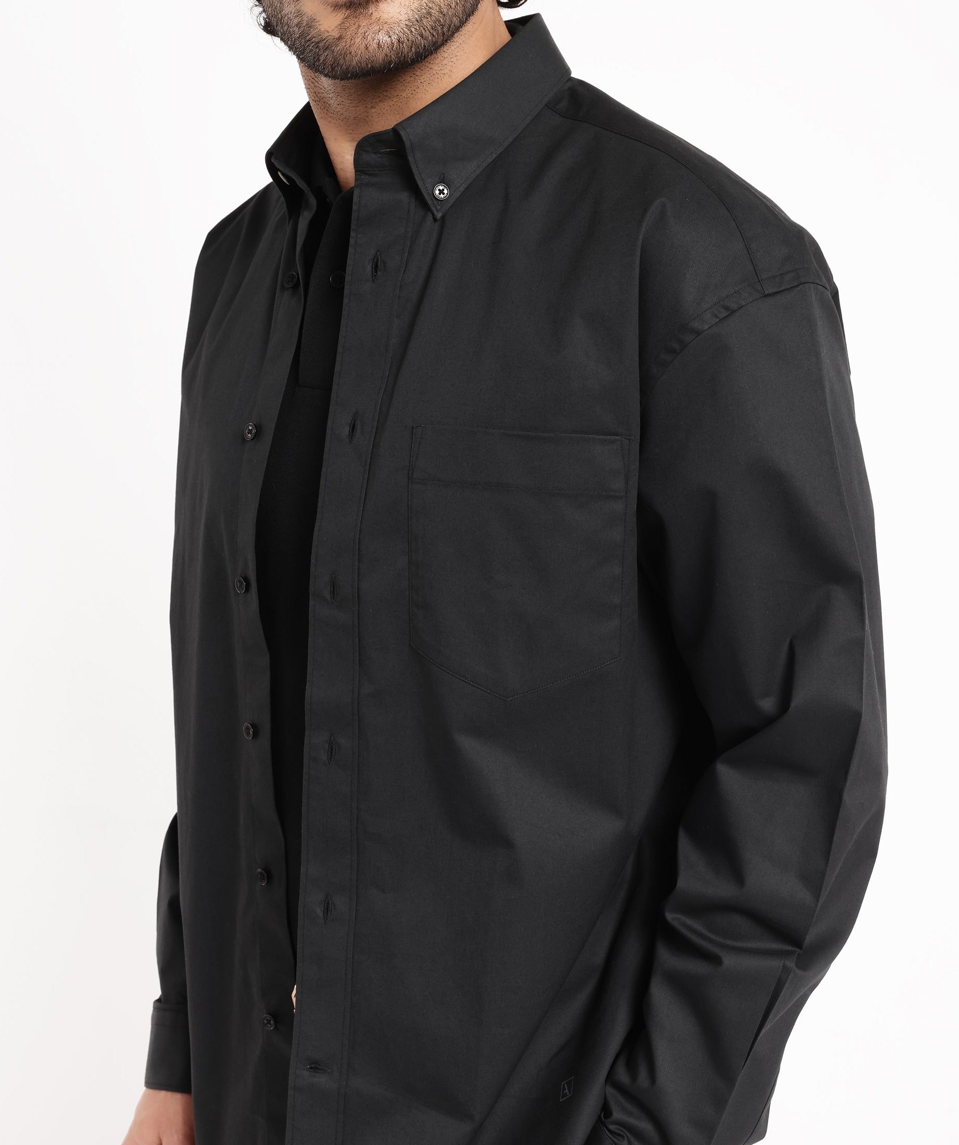 Rare Rabbit Men's Zord Black Cotton Lycra Fabric Full Sleeves Button Down Collar Boxy Fit Plain Shirt