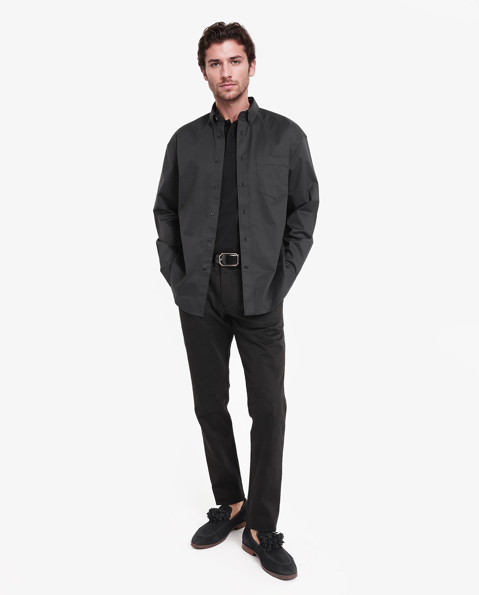 Rare Rabbit Men's Zord Black Cotton Lycra Fabric Full Sleeves Button Down Collar Boxy Fit Plain Shirt