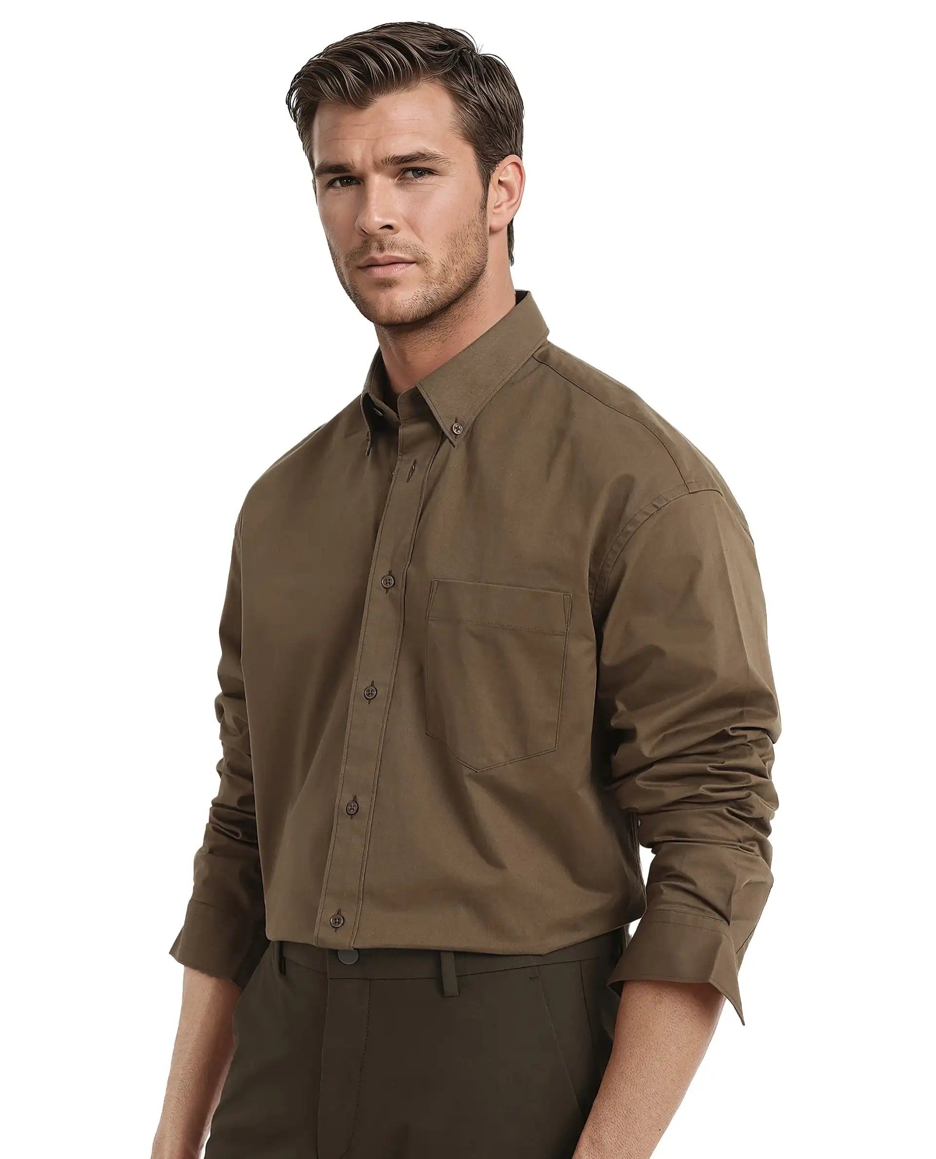 Rare Rabbit Men's Zord Brown Cotton Lycra Fabric Full Sleeves Button Down Collar Boxy Fit Plain Shirt