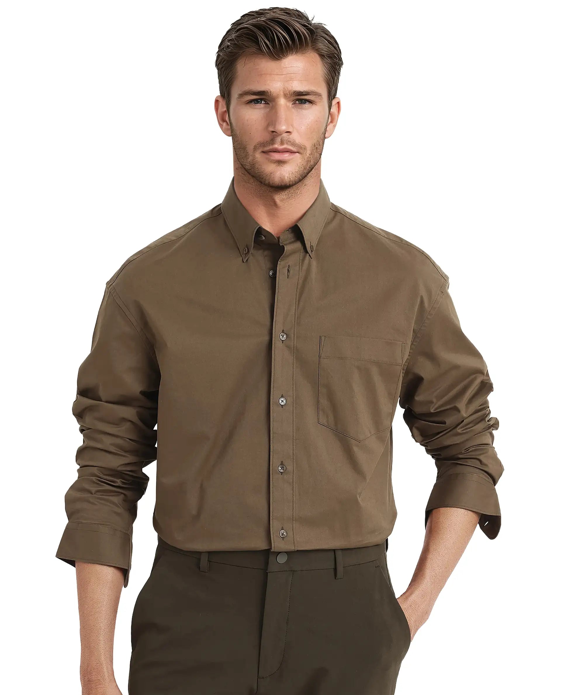 Rare Rabbit Men's Zord Brown Cotton Lycra Fabric Full Sleeves Button Down Collar Boxy Fit Plain Shirt