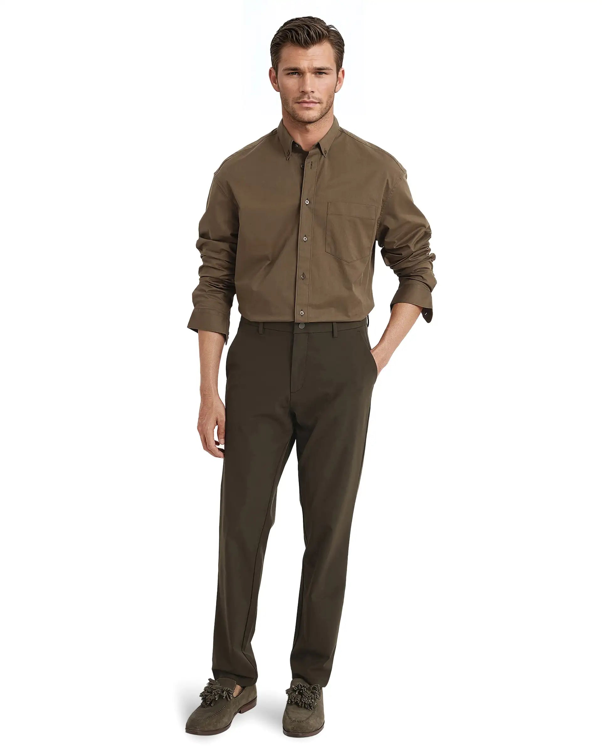 Rare Rabbit Men's Zord Brown Cotton Lycra Fabric Full Sleeves Button Down Collar Boxy Fit Plain Shirt