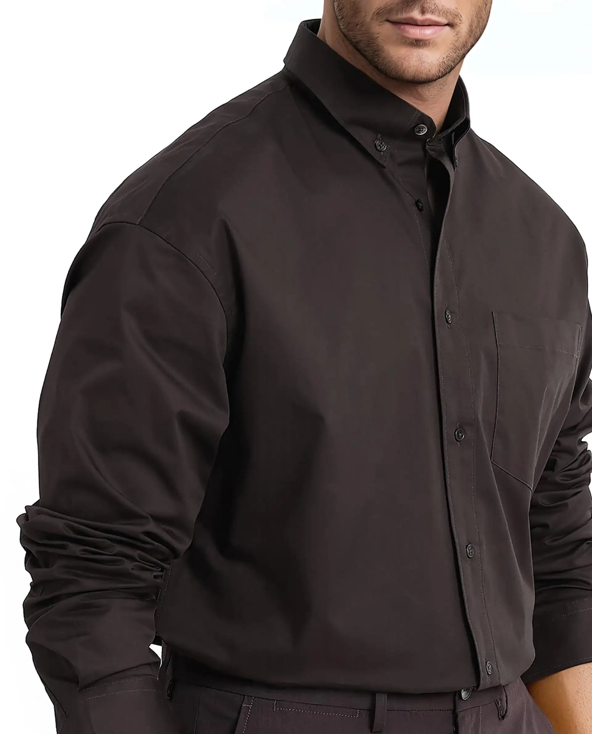 Rare Rabbit Men's Zord Dark Brown Cotton Lycra Fabric Full Sleeves Button Down Collar Boxy Fit Plain Shirt