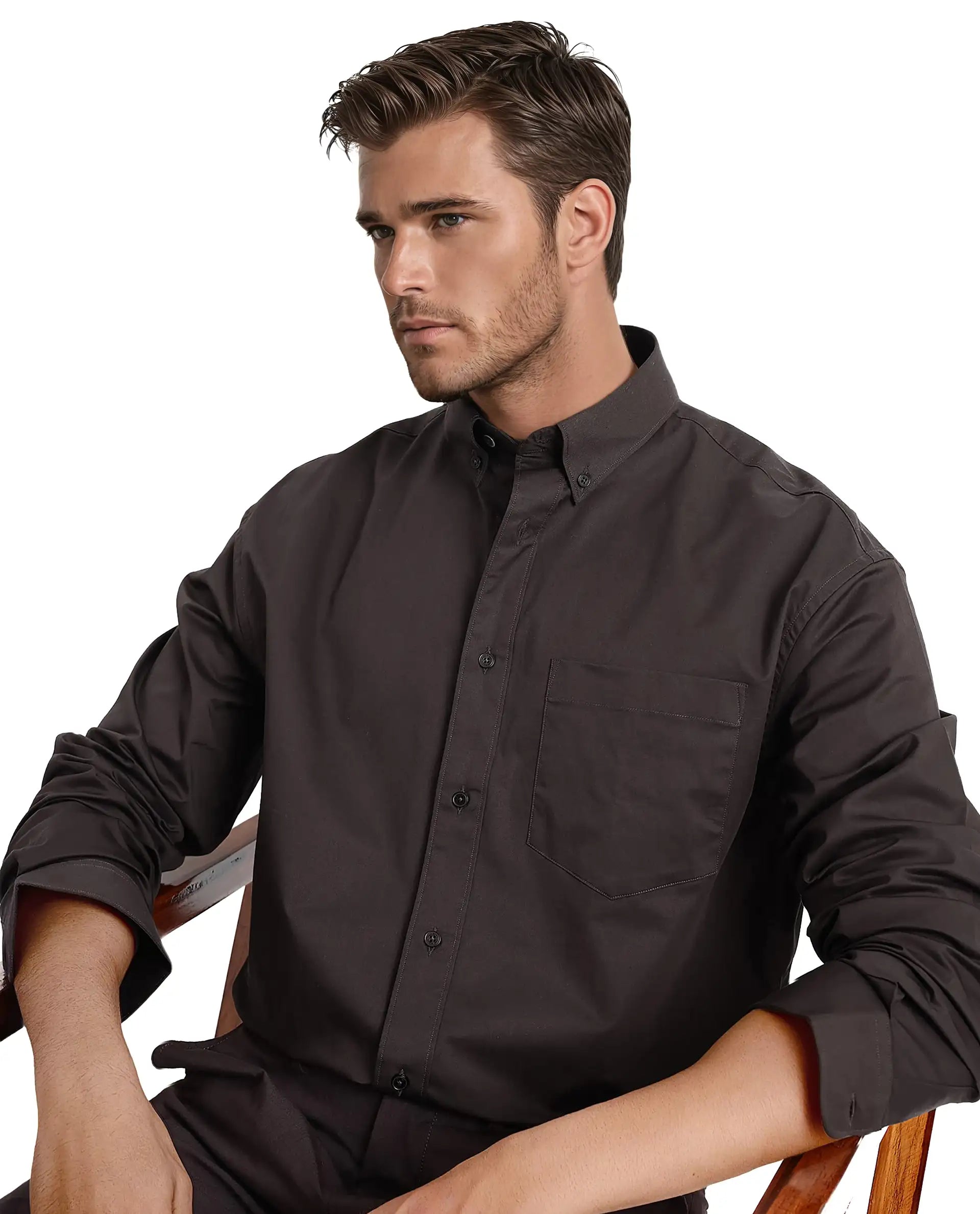 Rare Rabbit Men's Zord Dark Brown Cotton Lycra Fabric Full Sleeves Button Down Collar Boxy Fit Plain Shirt