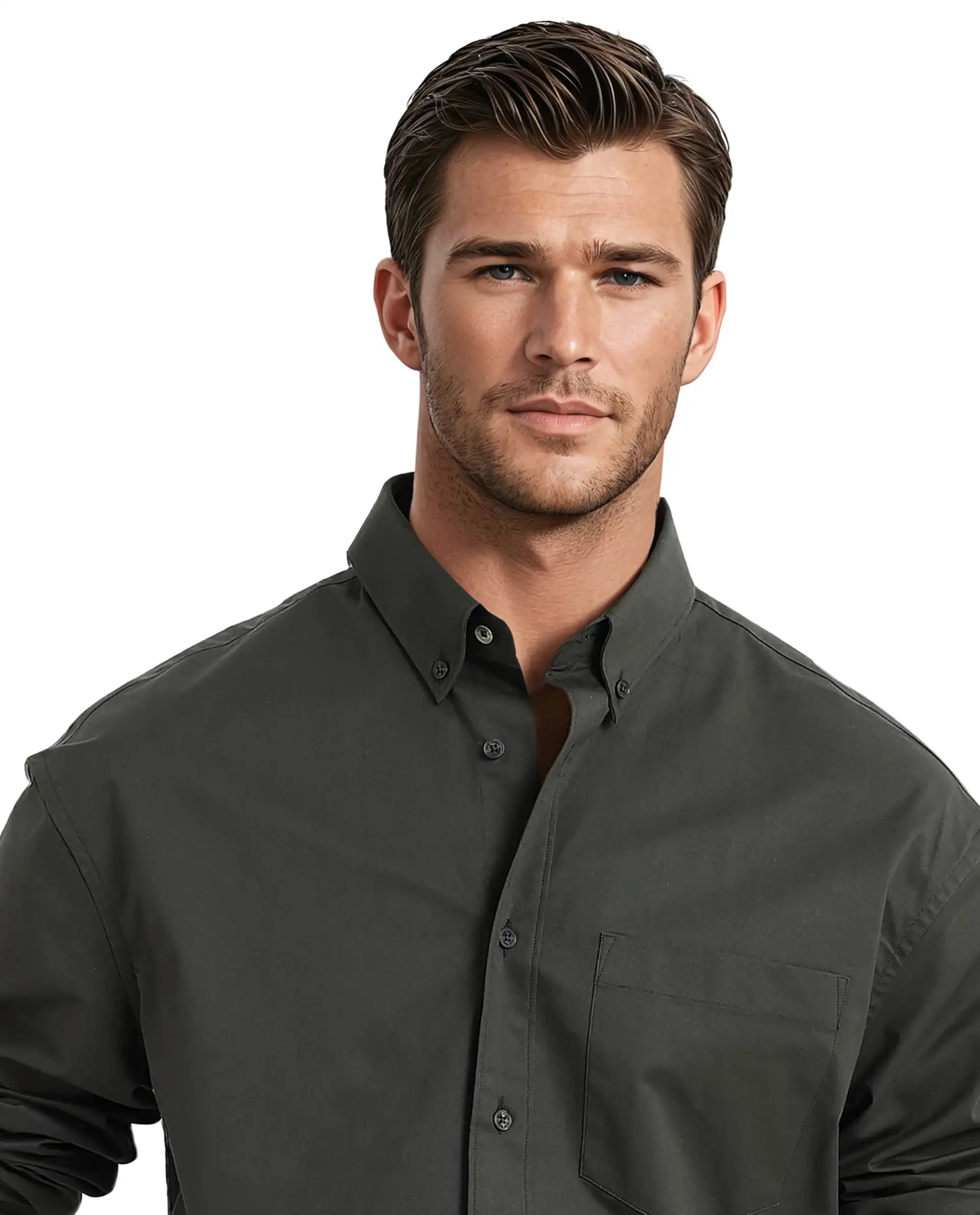 Rare Rabbit Men's Zord Dark Olive Cotton Lycra Fabric Full Sleeves Button Down Collar Boxy Fit Plain Shirt