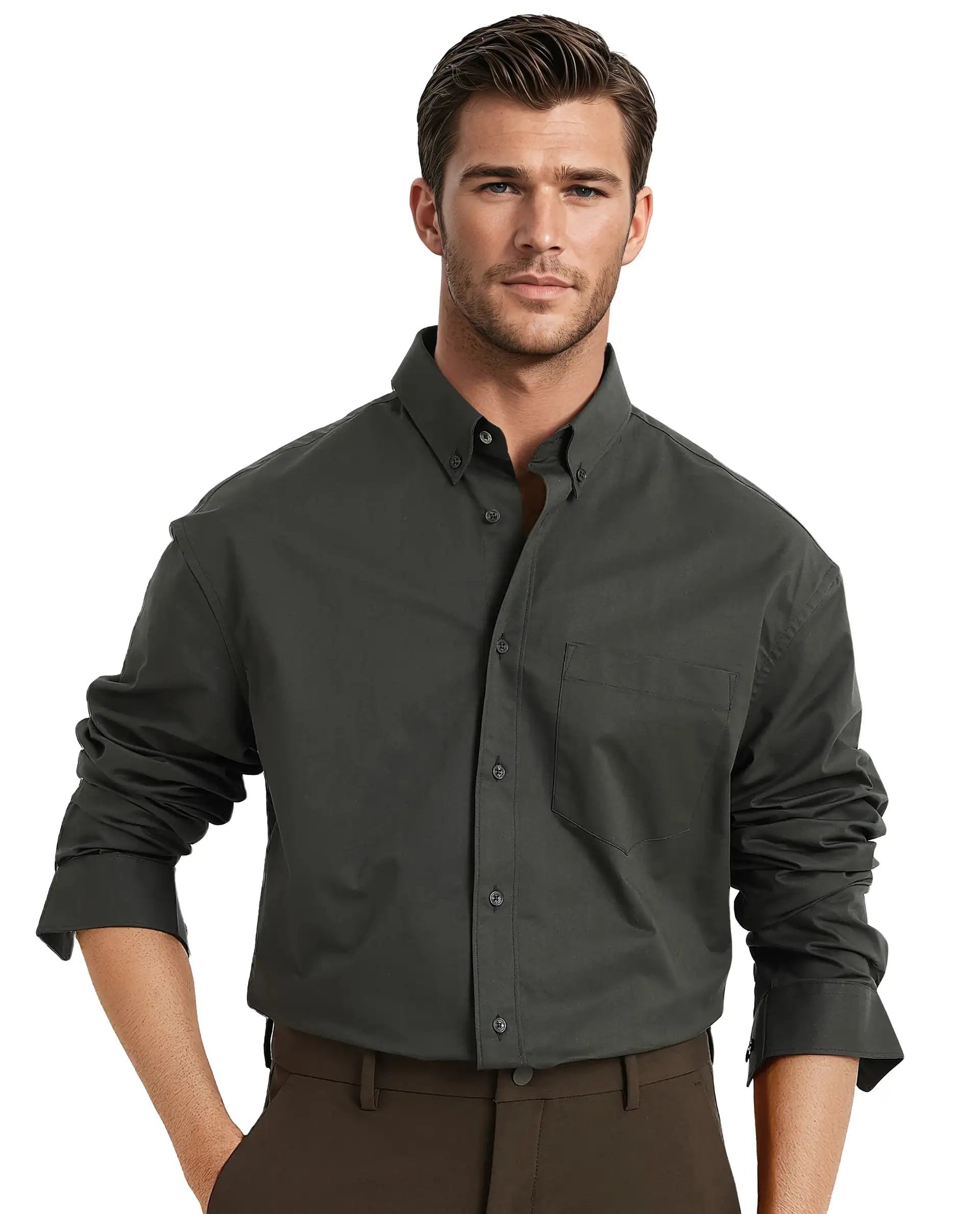 Rare Rabbit Men's Zord Dark Olive Cotton Lycra Fabric Full Sleeves Button Down Collar Boxy Fit Plain Shirt