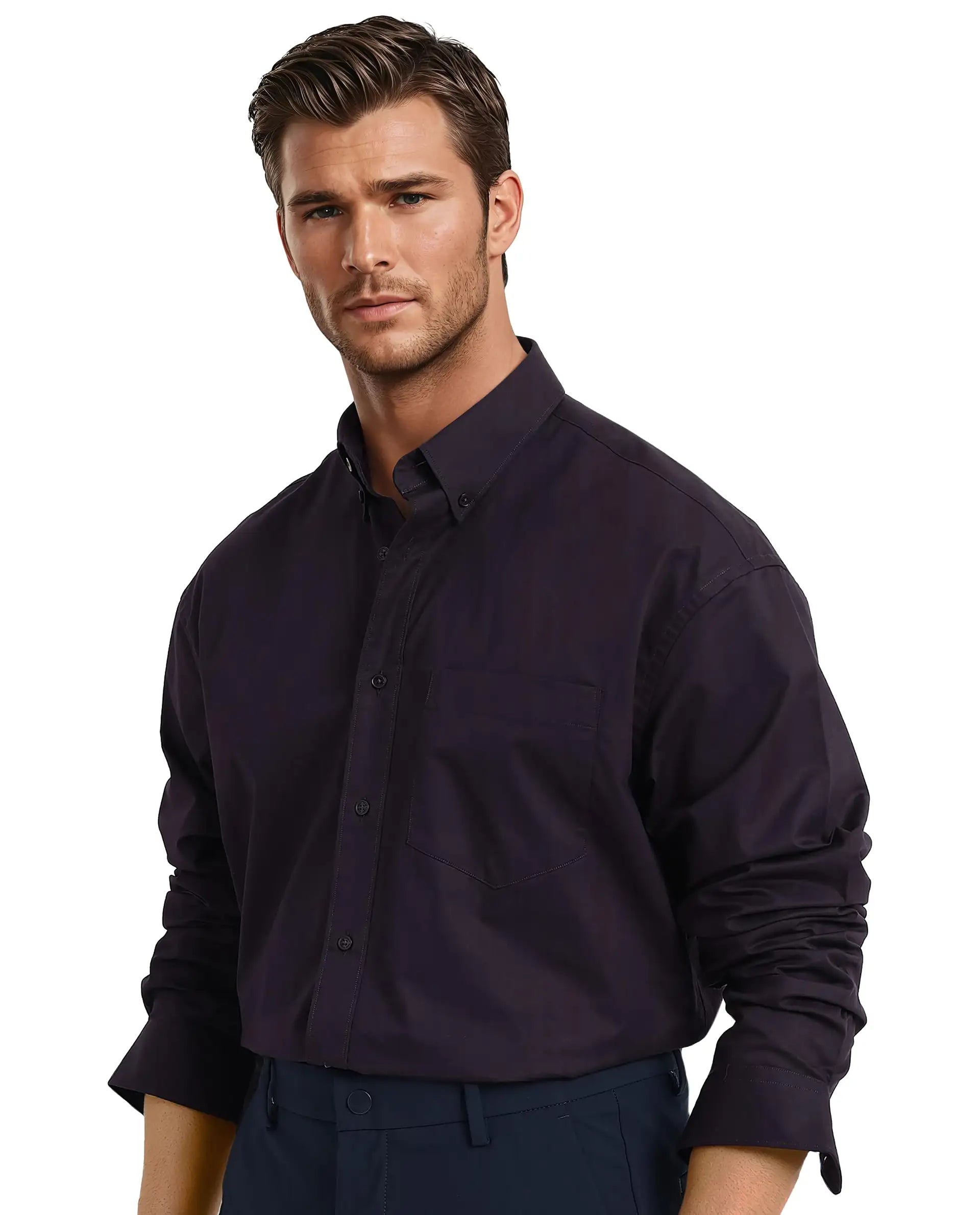 Rare Rabbit Men's Zord Dark Purple Cotton Lycra Fabric Full Sleeves Button Down Collar Boxy Fit Plain Shirt