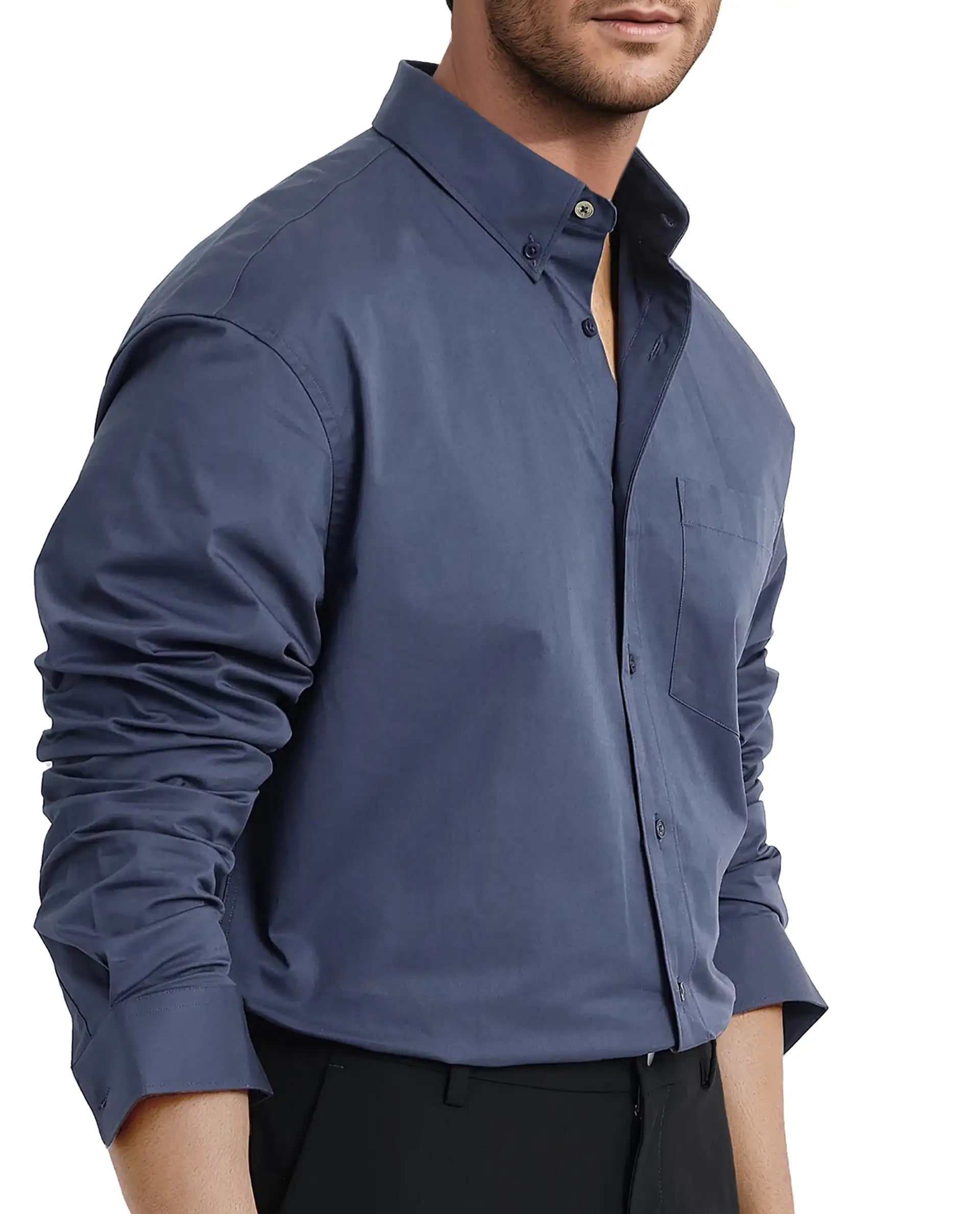 Rare Rabbit Men's Zord Dusky Blue Cotton Lycra Fabric Full Sleeves Button Down Collar Boxy Fit Plain Shirt