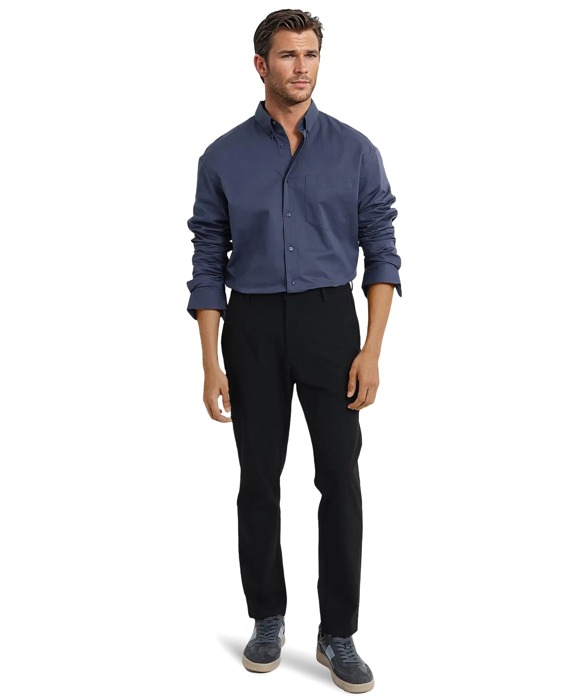 Rare Rabbit Men's Zord Dusky Blue Cotton Lycra Fabric Full Sleeves Button Down Collar Boxy Fit Plain Shirt