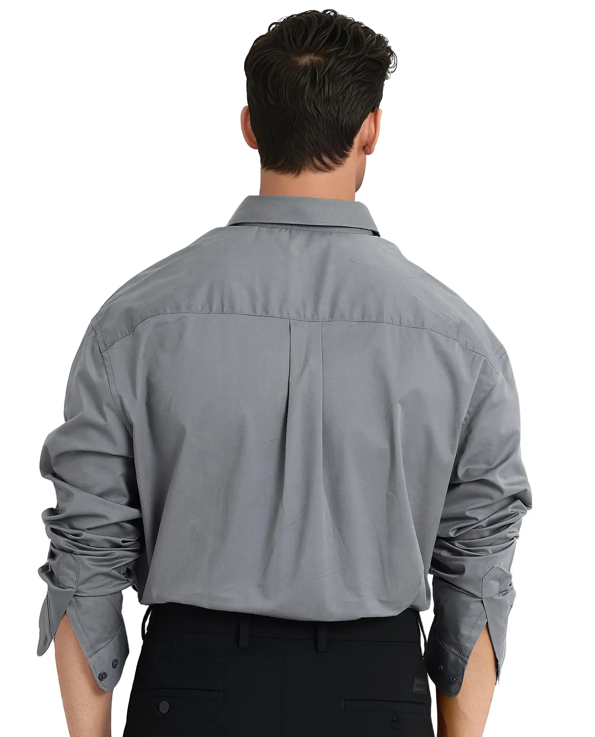 Rare Rabbit Men's Zord Grey Cotton Fabric Full Sleeves Collared Neck Plain Boxy Fit Shirt