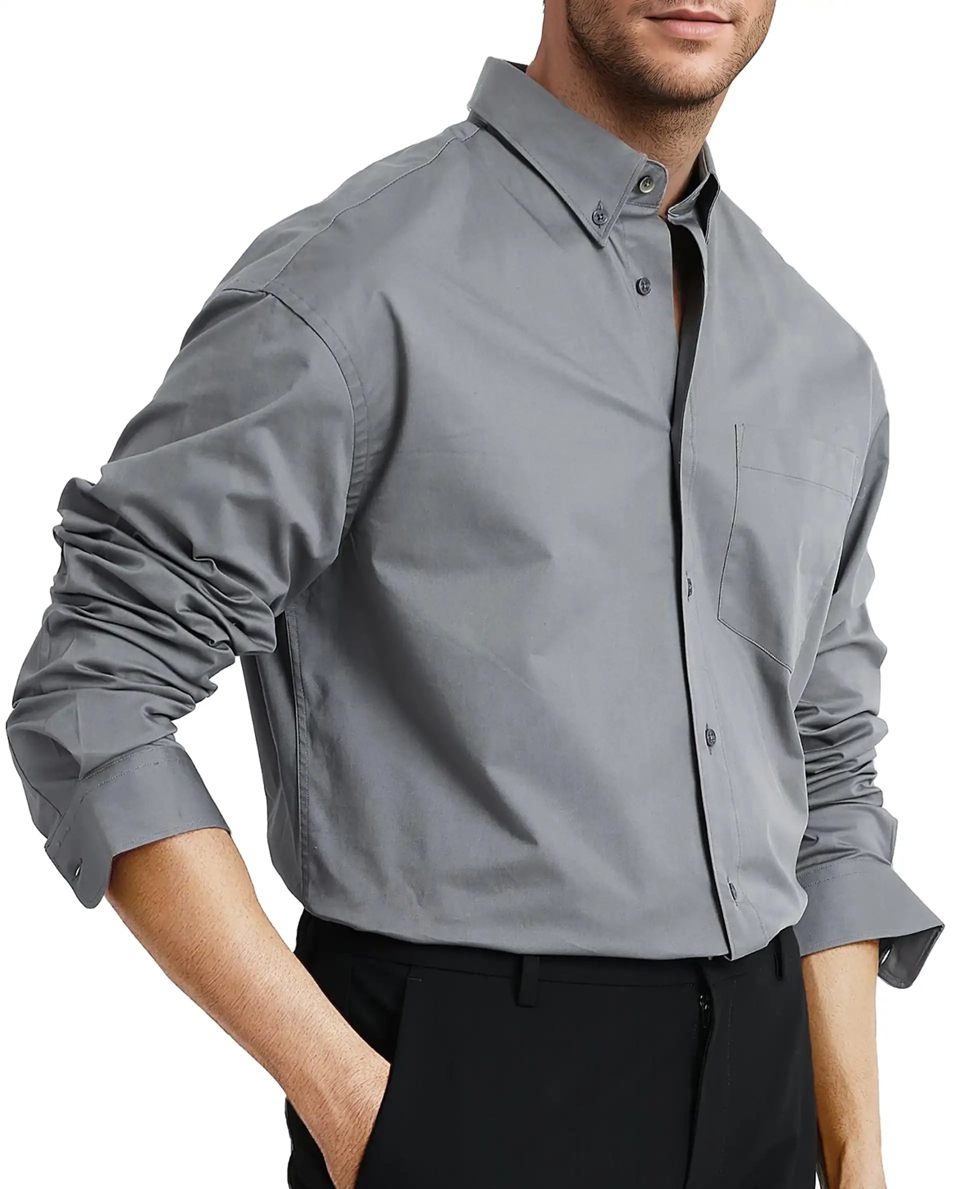 Rare Rabbit Men's Zord Grey Cotton Fabric Full Sleeves Collared Neck Plain Boxy Fit Shirt