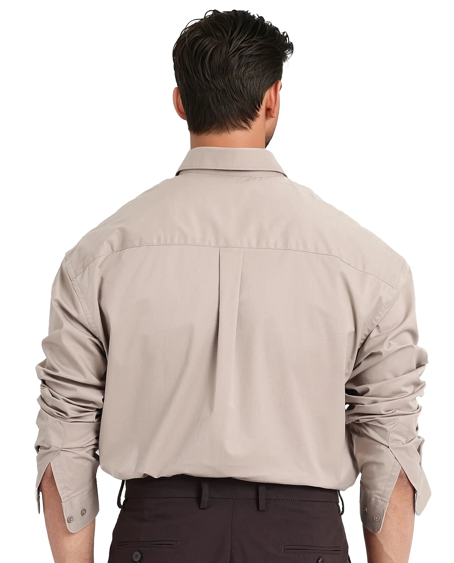 Rare Rabbit Men's Zord Light Beige Cotton Lycra Fabric Full Sleeves Button Down Collar Boxy Fit Plain Shirt