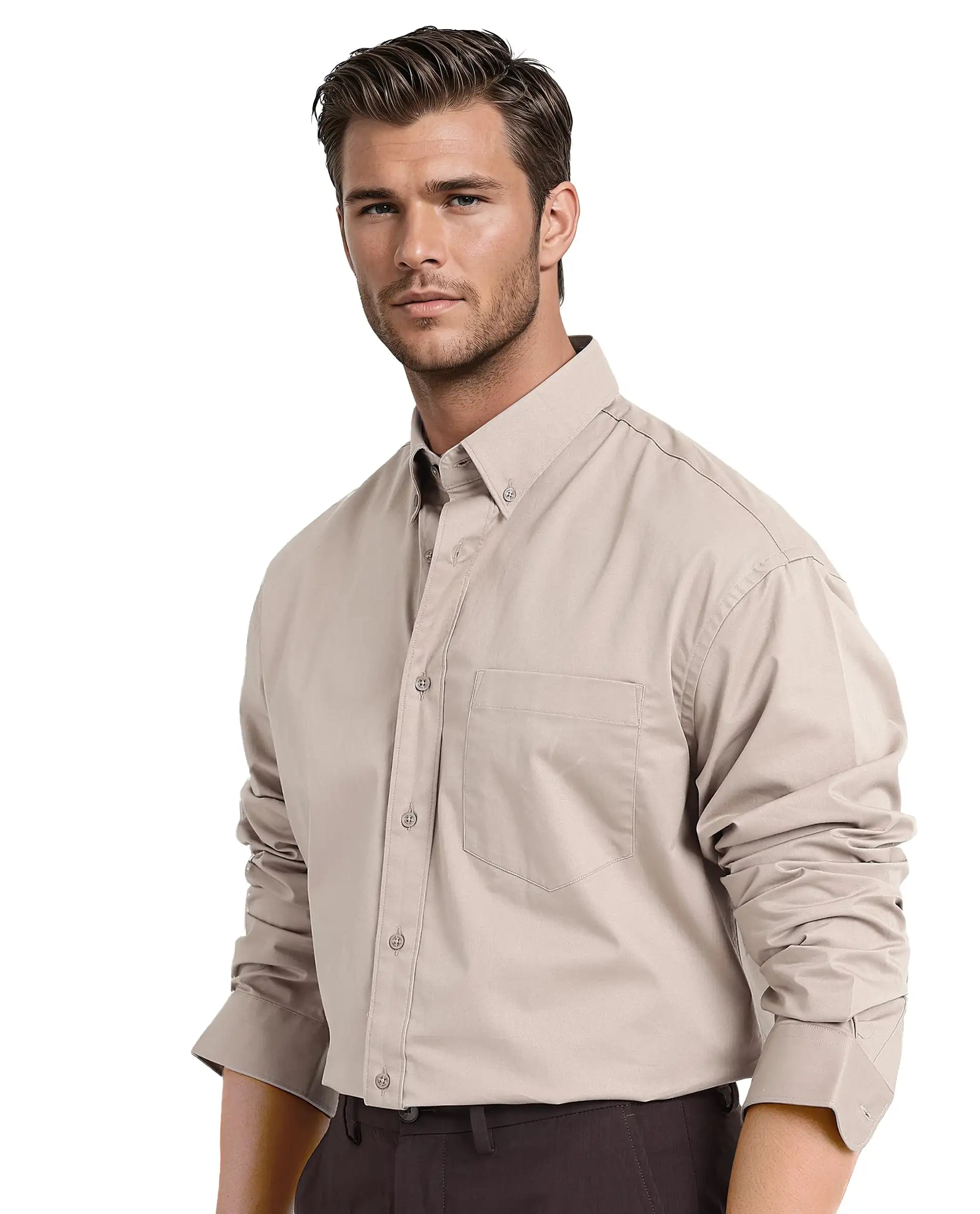 Rare Rabbit Men's Zord Light Beige Cotton Lycra Fabric Full Sleeves Button Down Collar Boxy Fit Plain Shirt
