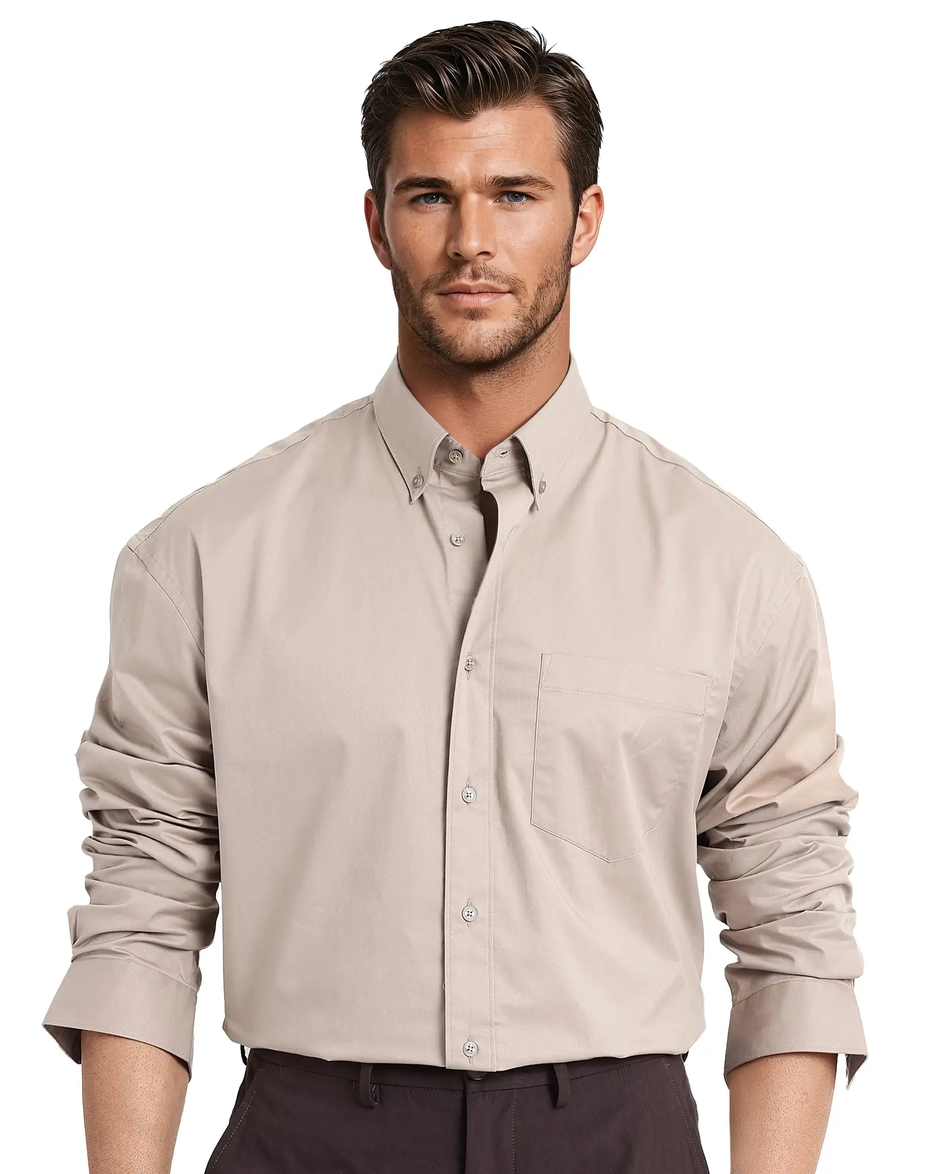 Rare Rabbit Men's Zord Light Beige Cotton Lycra Fabric Full Sleeves Button Down Collar Boxy Fit Plain Shirt