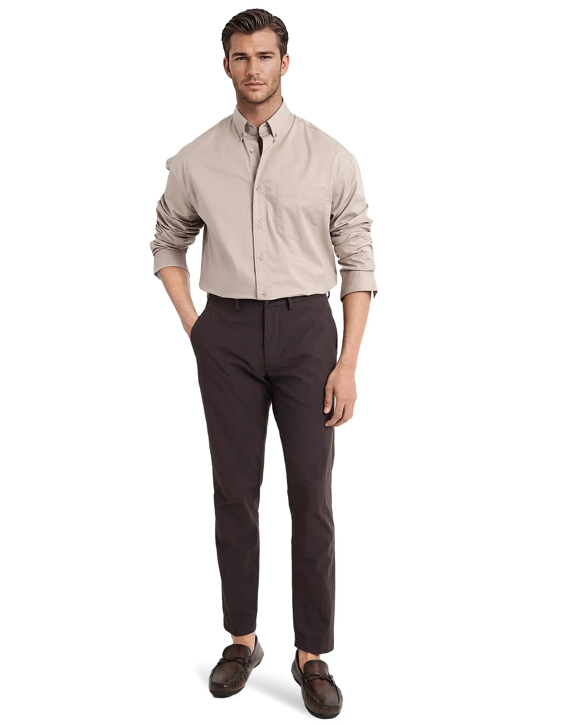 Rare Rabbit Men's Zord Light Beige Cotton Lycra Fabric Full Sleeves Button Down Collar Boxy Fit Plain Shirt